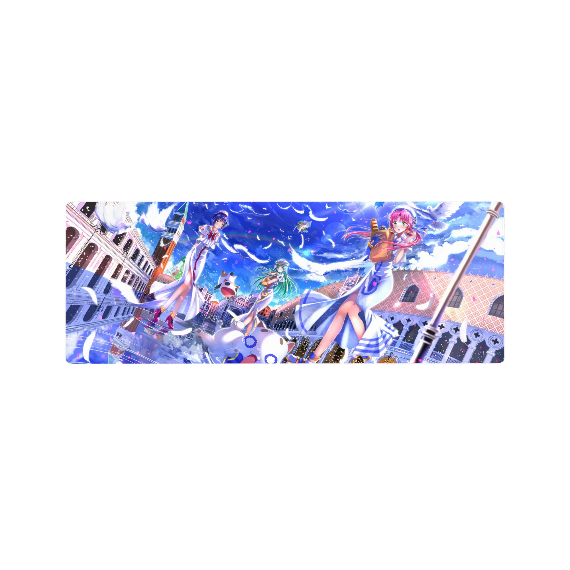 32x12 inches anime girl mouse pad with Aria The Animation trio in Neo-Venezia, feathers and petals.