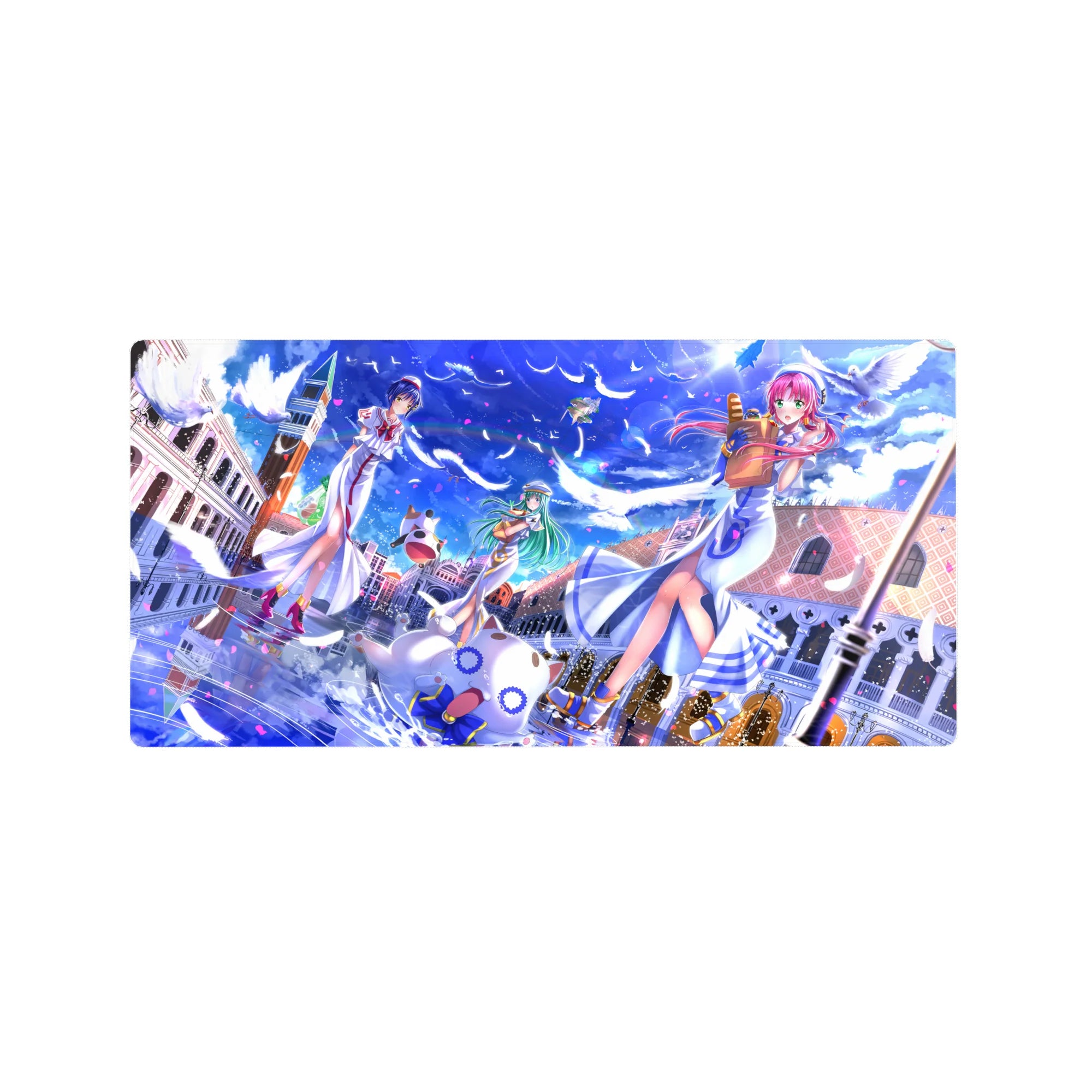 Aria The Animation anime girl mouse pad 32x16 inches featuring Akari, Alice, Aika in Neo-Venezia sky.