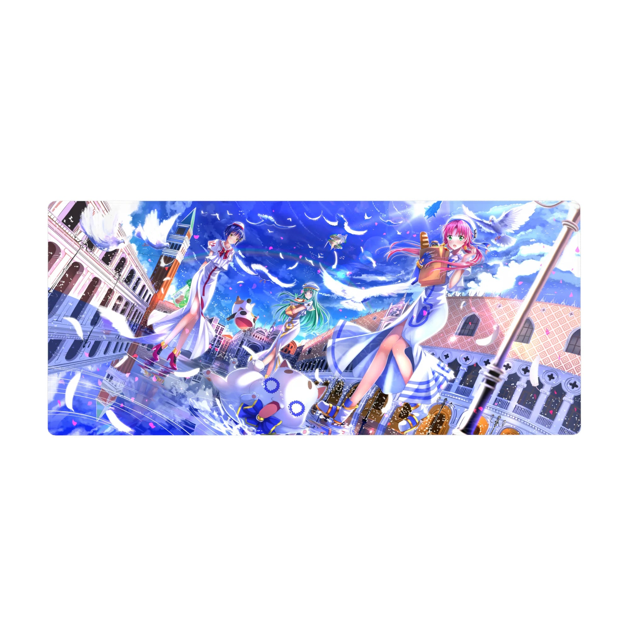 Aria The Animation anime girl desk pad 36x16 inches with Akari, Alice, and Aika over Neo-Venezia sky.