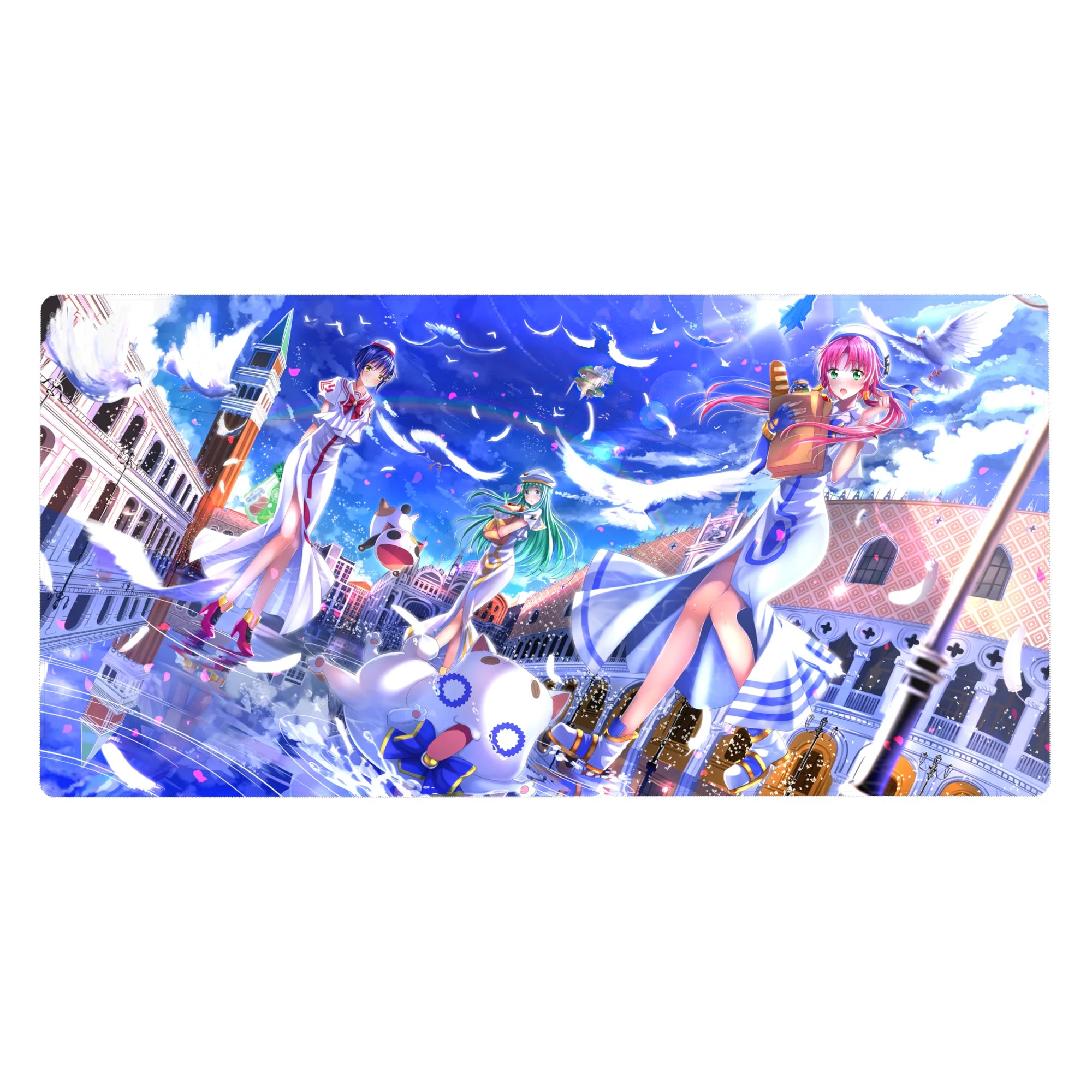 Anime girl desk pad 40x20 inches with Neo-Venezia gondola scene, feathers, petals, and Aria-shachou.