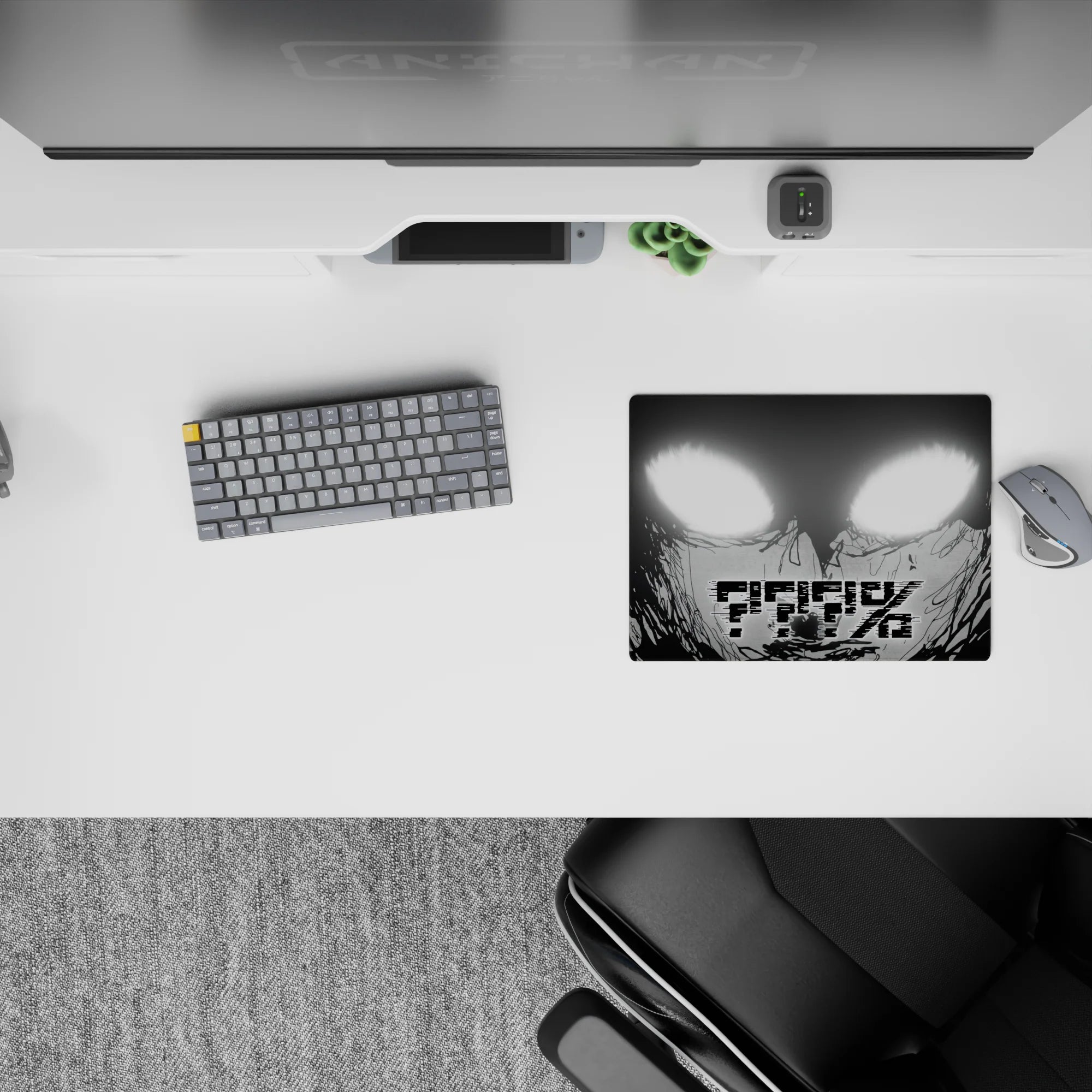 Black-and-white 14x10 inches anime mouse pad with blown-out white eyes, gritty shading, late-night vibe.