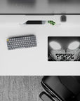 Black-and-white 14x10 inches anime mouse pad with blown-out white eyes, gritty shading, late-night vibe.