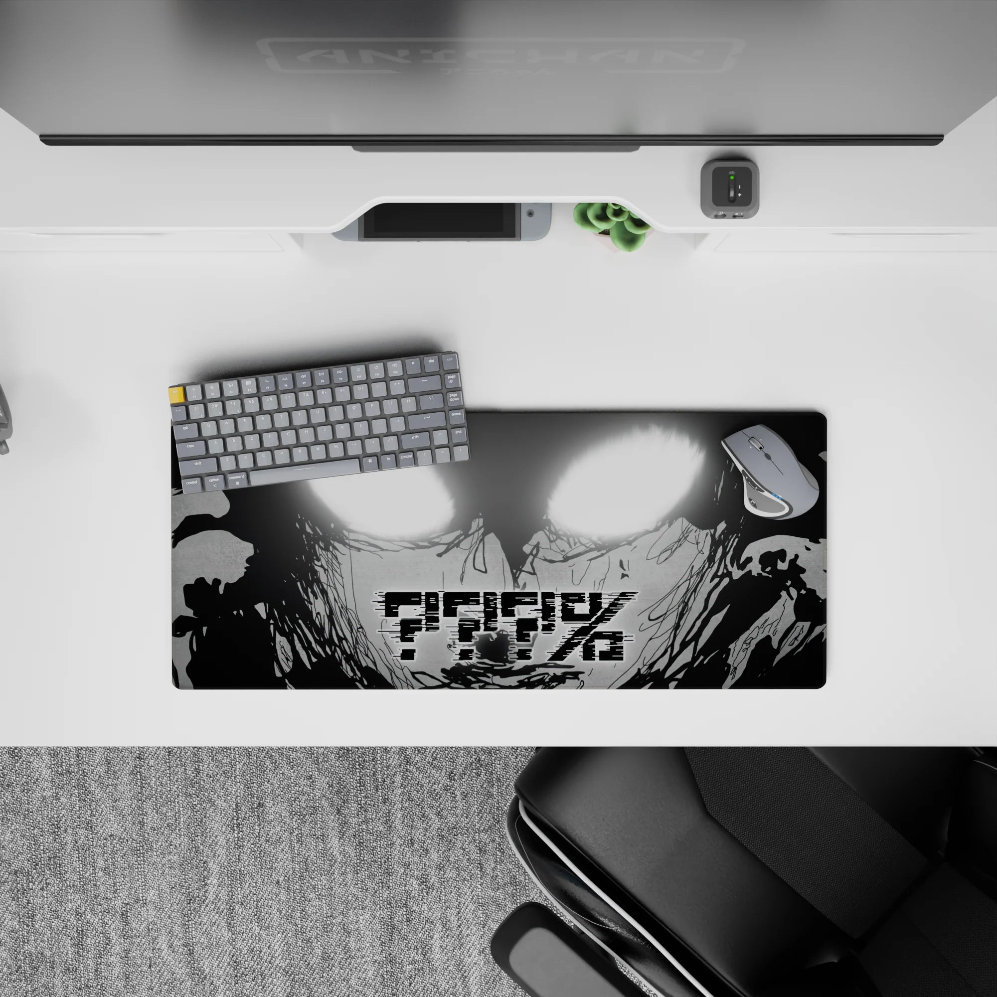 28x12 inches black-and-white anime mouse pad, gritty ink-drip shading and tense late-night vibe.