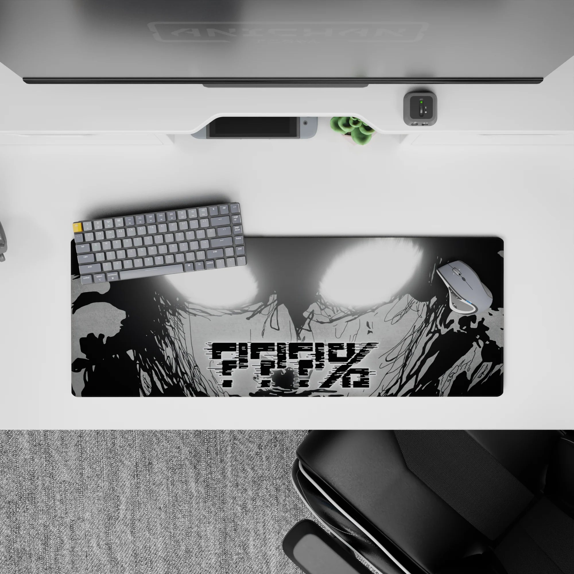 32x12 inches black-and-white anime mouse pad, blown-out white eyes and gritty late-night calm energy.