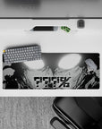 32x12 inches black-and-white anime mouse pad, blown-out white eyes and gritty late-night calm energy.
