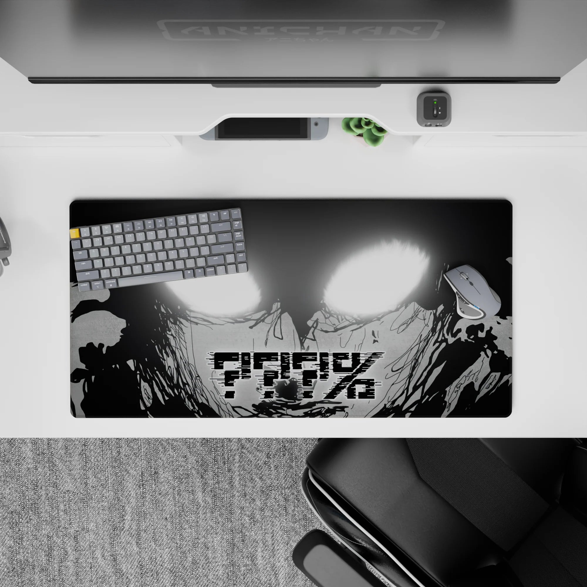 Black-and-white anime mouse pad 32x16 inches, loud glitch vibe with blown-out white eyes and calm tension.
