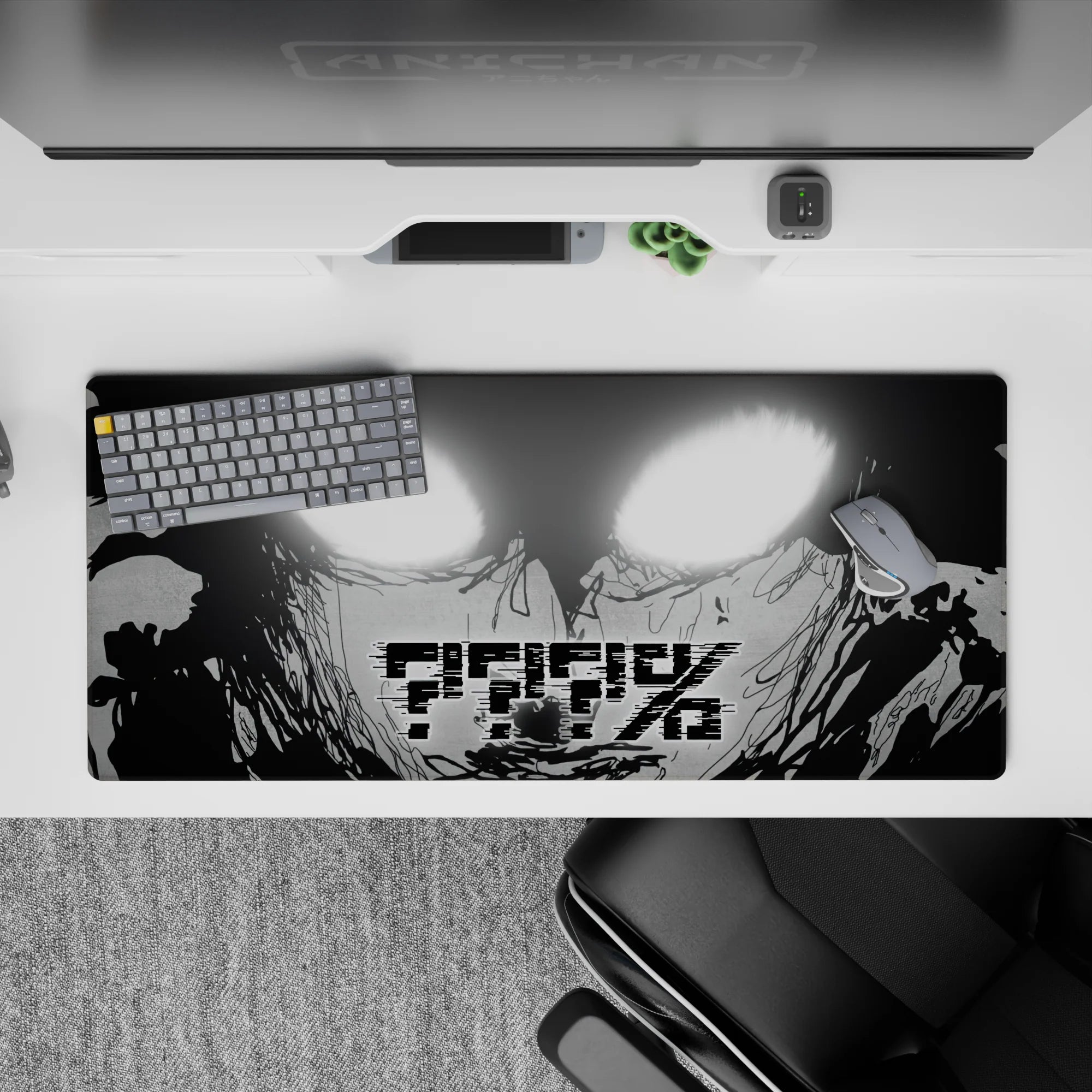 Black-and-white anime desk pad 36x16 inches, blown-out white eyes, dark late-night calm vibe.