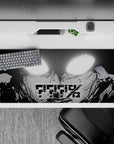 Black-and-white anime desk pad 36x16 inches, blown-out white eyes, dark late-night calm vibe.