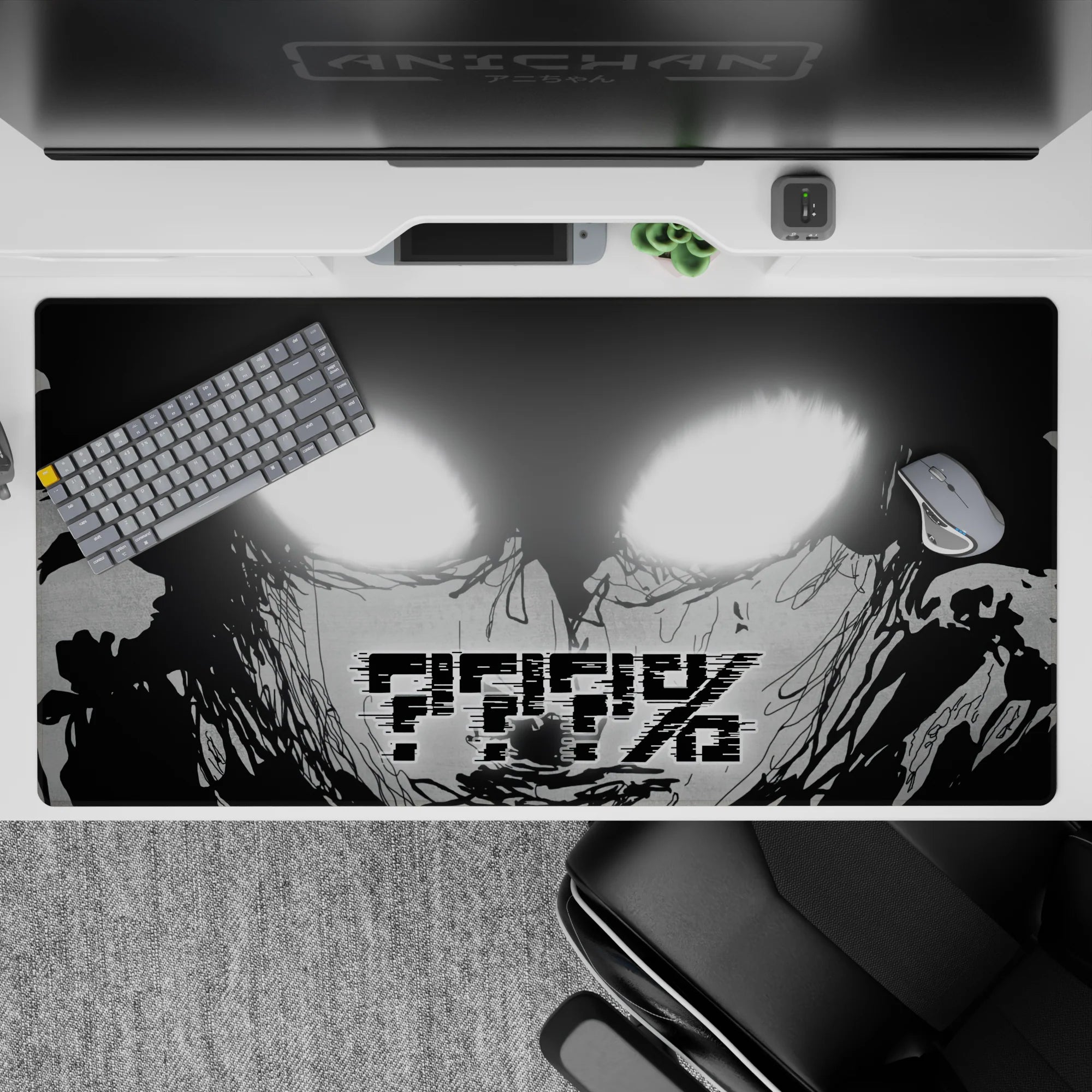 Black-and-white anime desk pad with smoky dripping ink and tense late-night vibe, 40x20 inches.