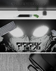 Black-and-white anime desk pad with smoky dripping ink and tense late-night vibe, 40x20 inches.