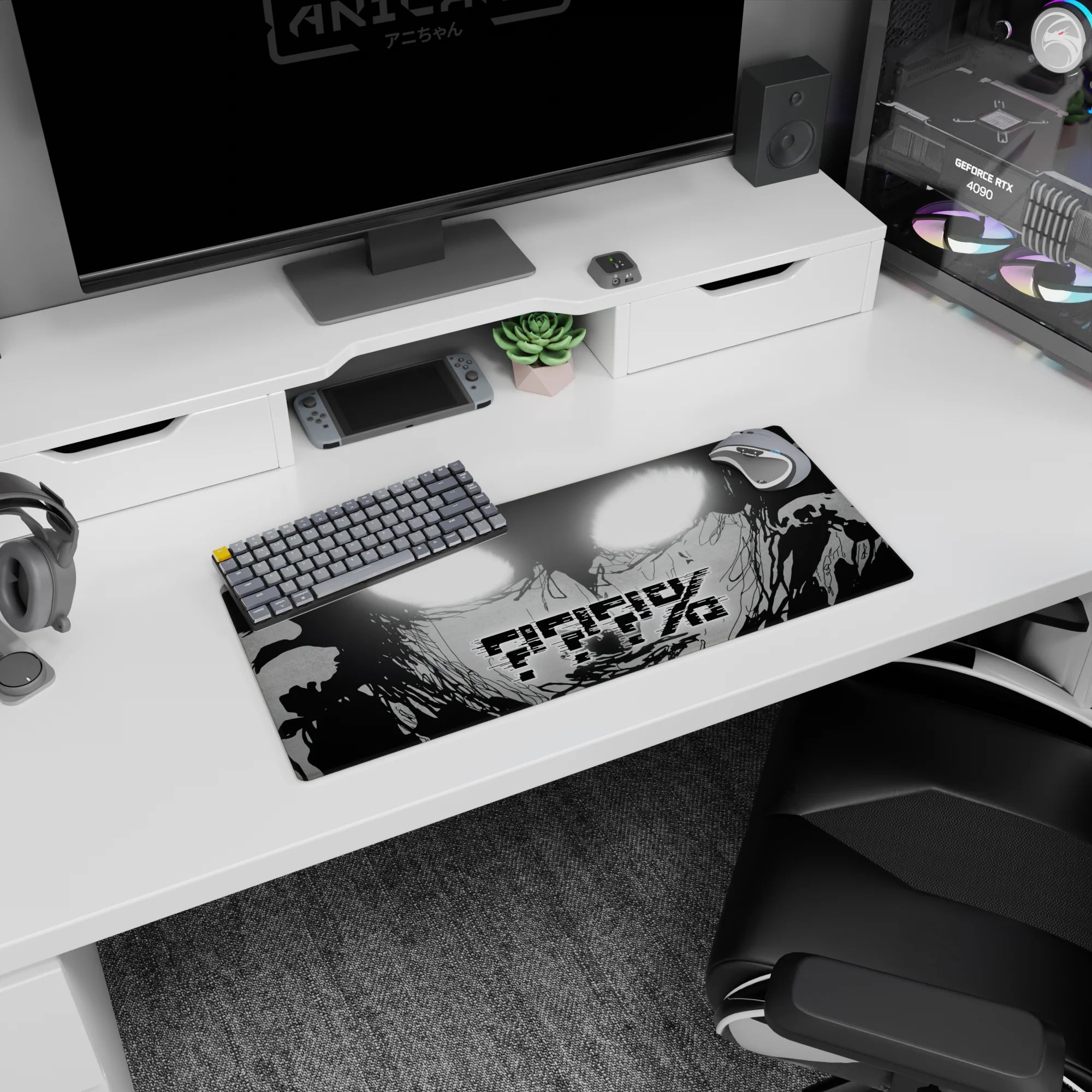 28x12 inches anime mouse pad showing a close-up monochrome face with smoky ink lines and AFK across.