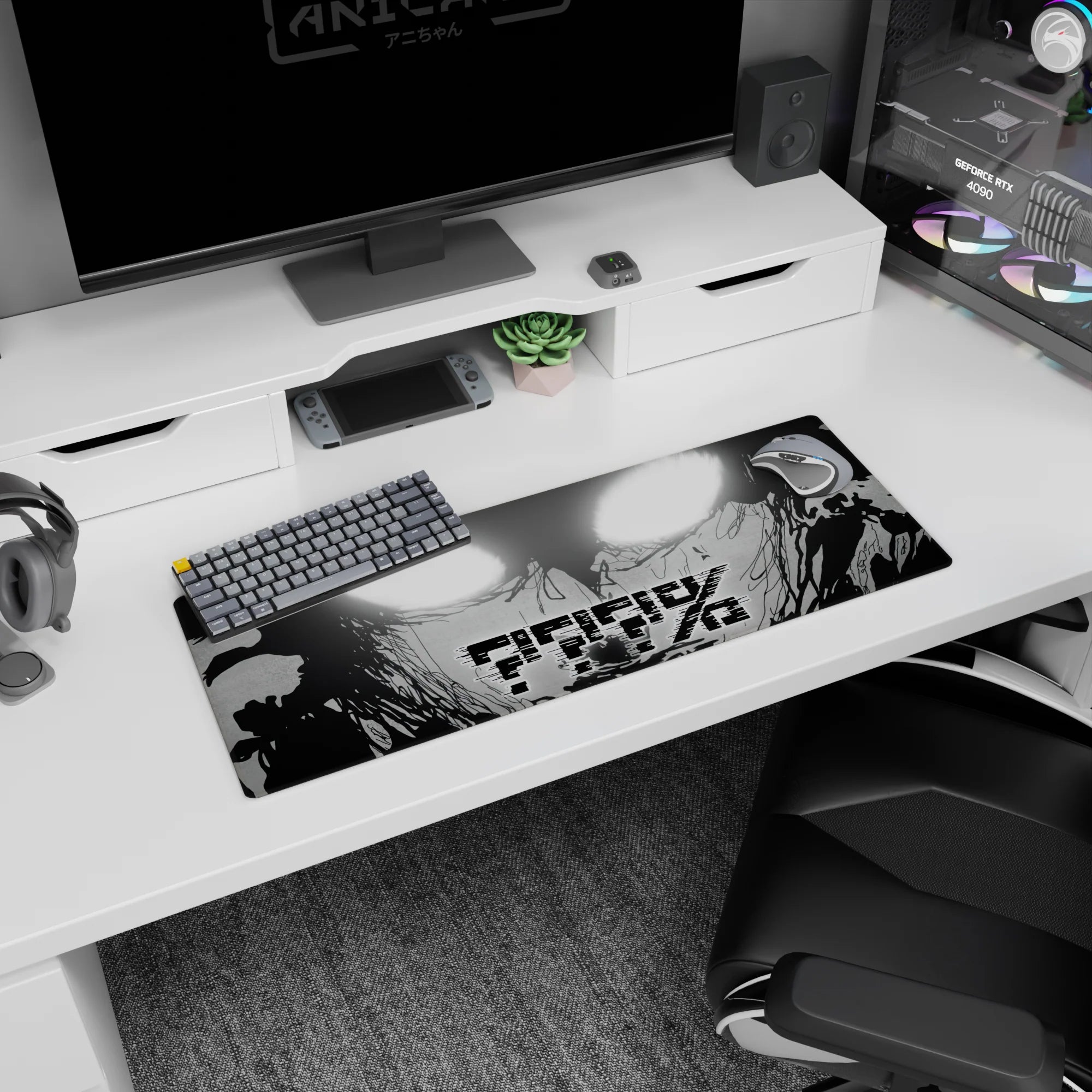 32x12 inches anime mouse pad showing a close-up face with glowing eyes, smoky ink drips, and AFK overlay.