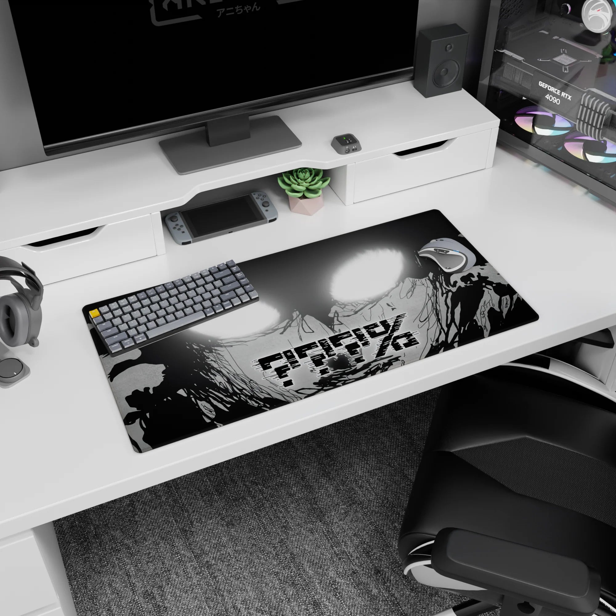 32x16 inches anime mouse pad featuring a close-up monochrome face, wide white eyes, and smoky ink drips.