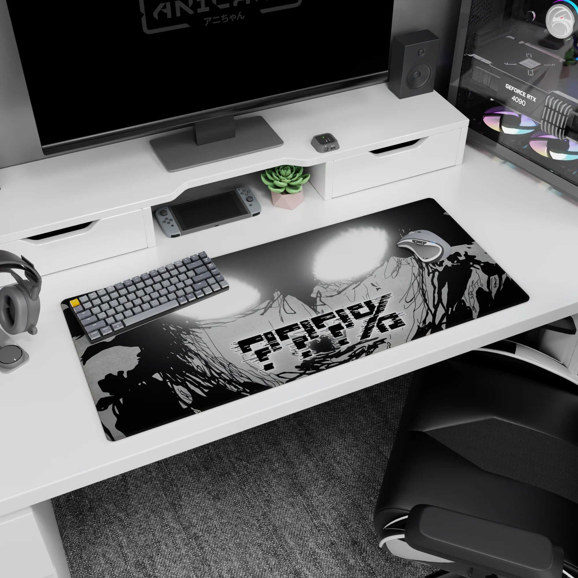 Intense anime face fills the frame with sketchy ink smoke and AFK across eyes, desk pad 36x16 inches.