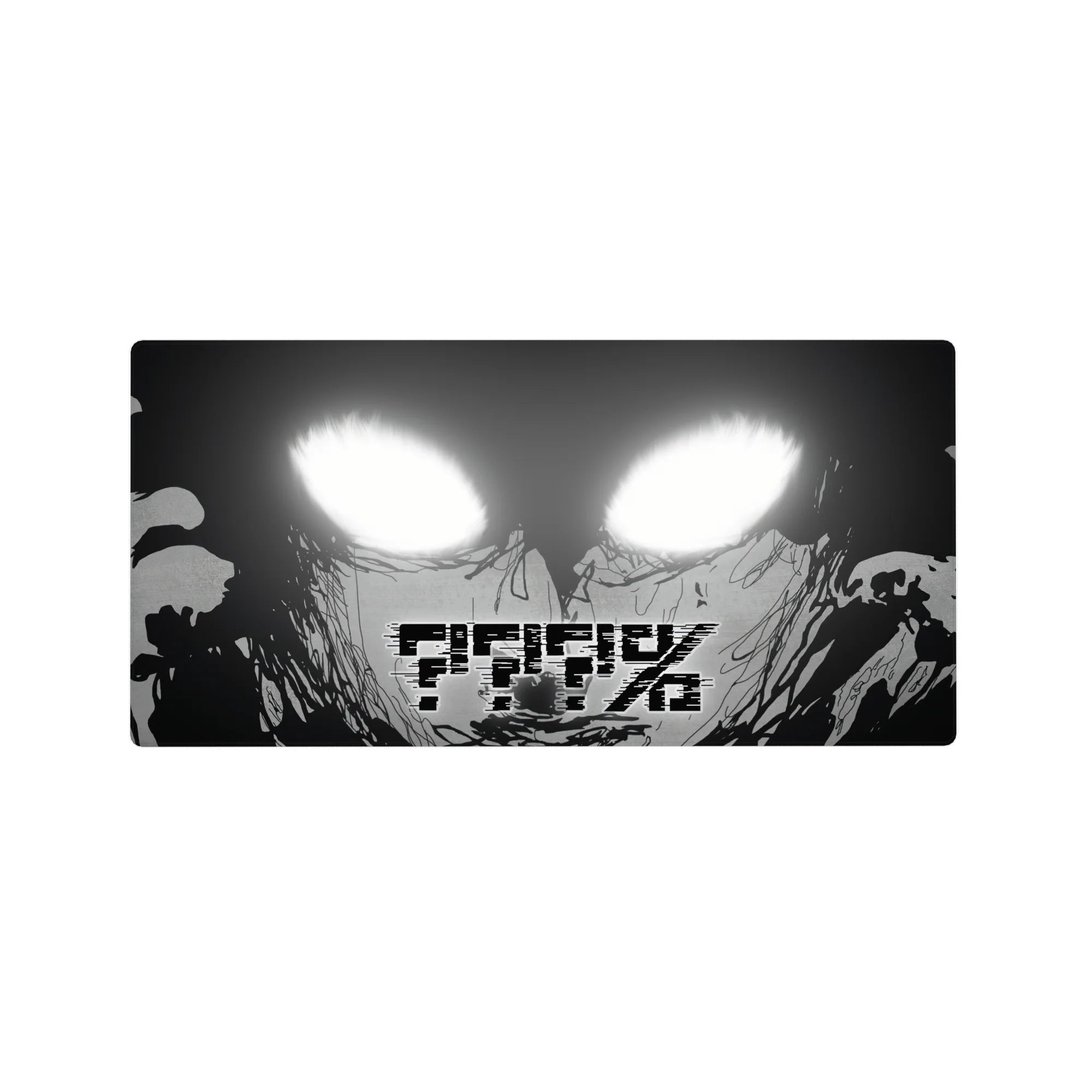 Anime mouse pad 32x16 inches with monochrome face, AFK glitch text, and dripping ink sketch lines.