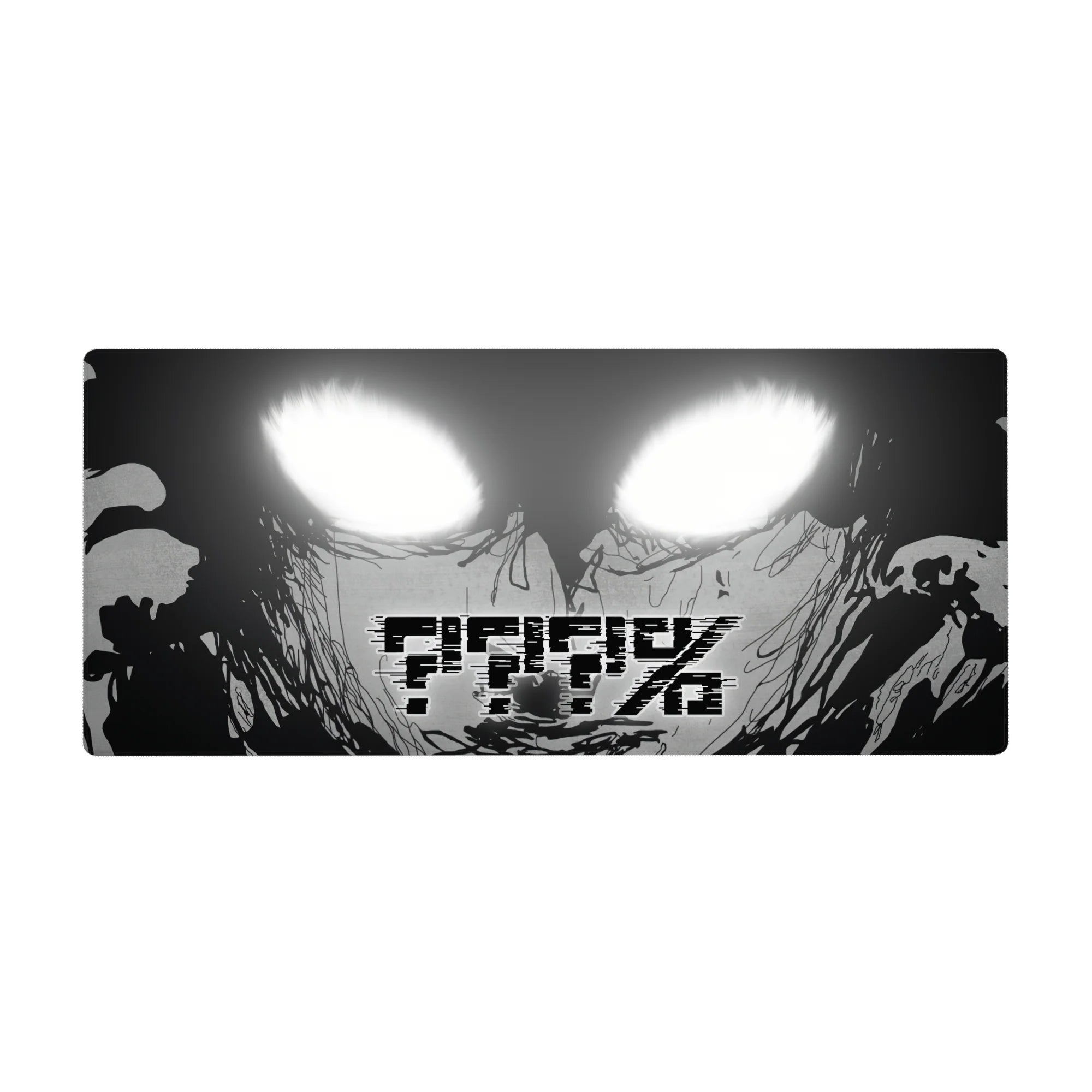AFK glitch text anime desk pad, monochrome face with dripping ink lines, 36x16 inches.