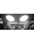 AFK glitch text anime desk pad, monochrome face with dripping ink lines, 36x16 inches.