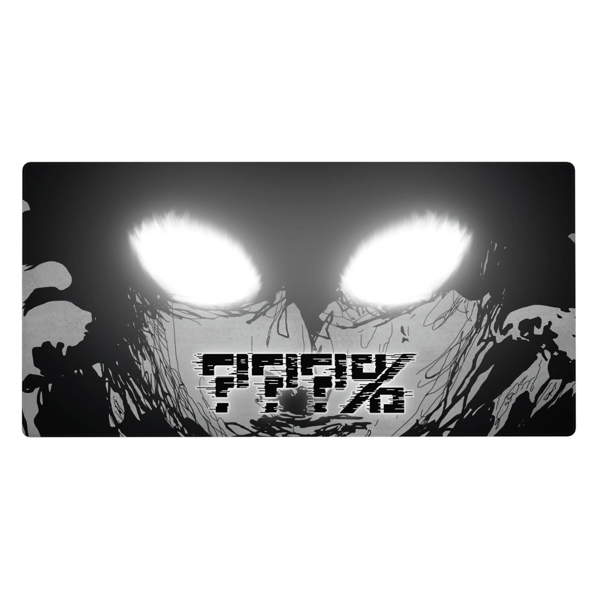 AFK glitch monochrome anime face desk pad, bold ink lines and blown-out eyes, 40x20 inches.