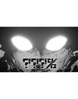 AFK glitch monochrome anime face desk pad, bold ink lines and blown-out eyes, 40x20 inches.