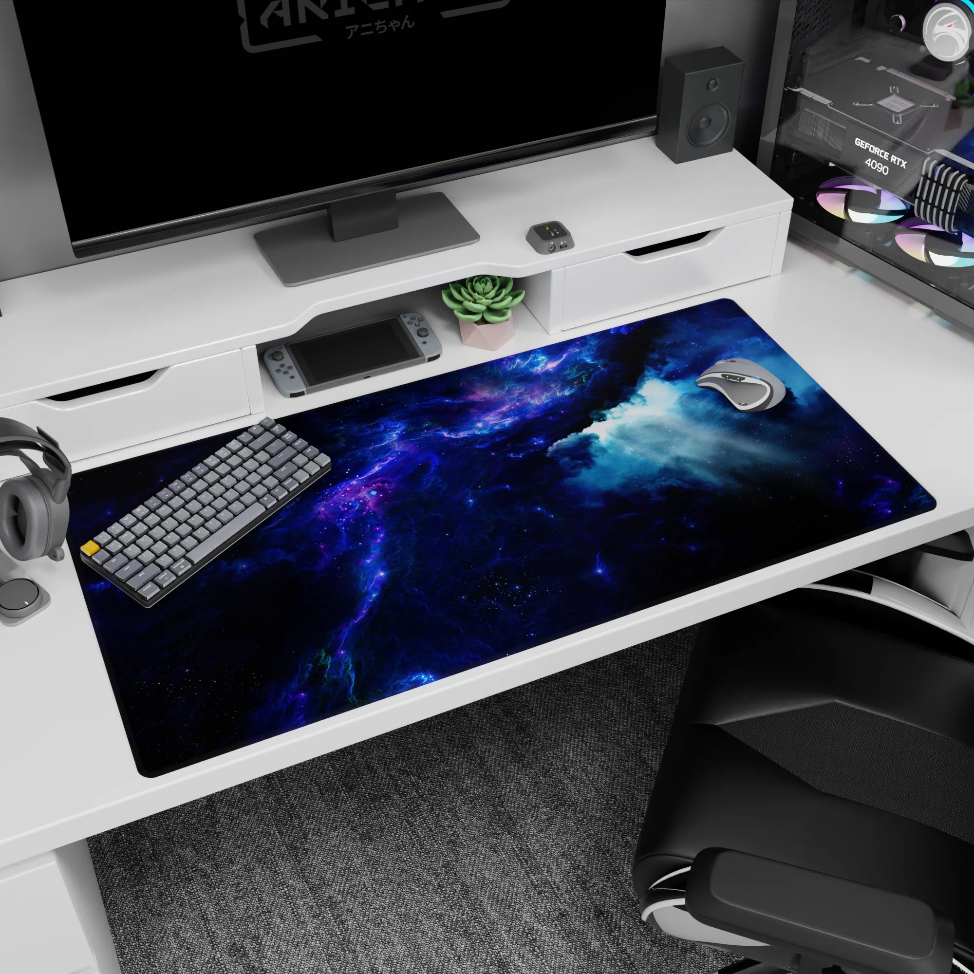 Starry space desk pad 40x20 inches featuring a bright misty burst on the right and violet nebula.