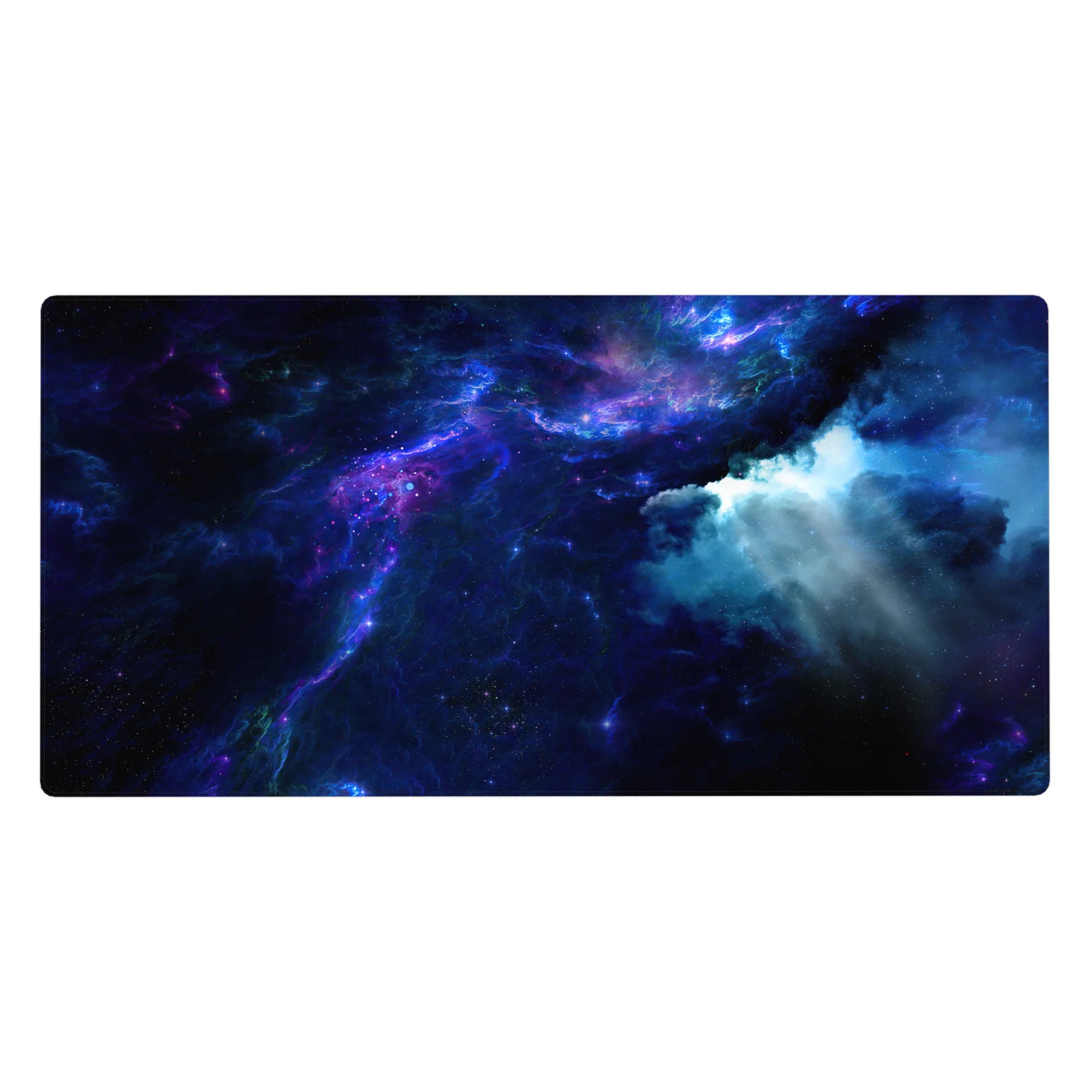 Midnight galaxy desk pad 40x20 inches with watercolor nebula clouds and scattered stars.