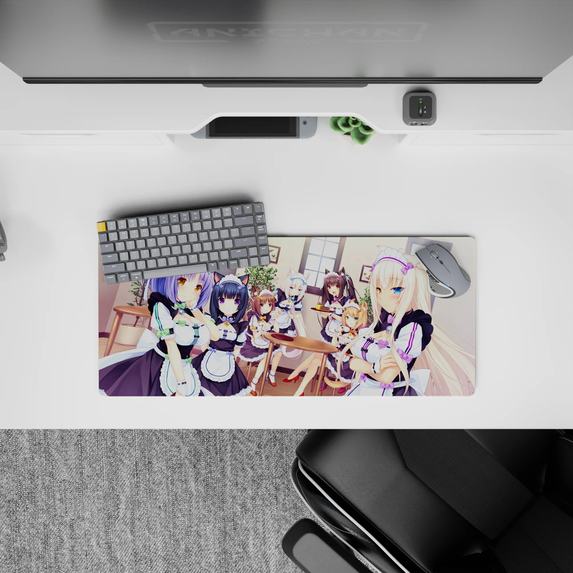 28x12 inches cozy catgirl café mouse pad in mint and lavender tones with warm sunny window glow.