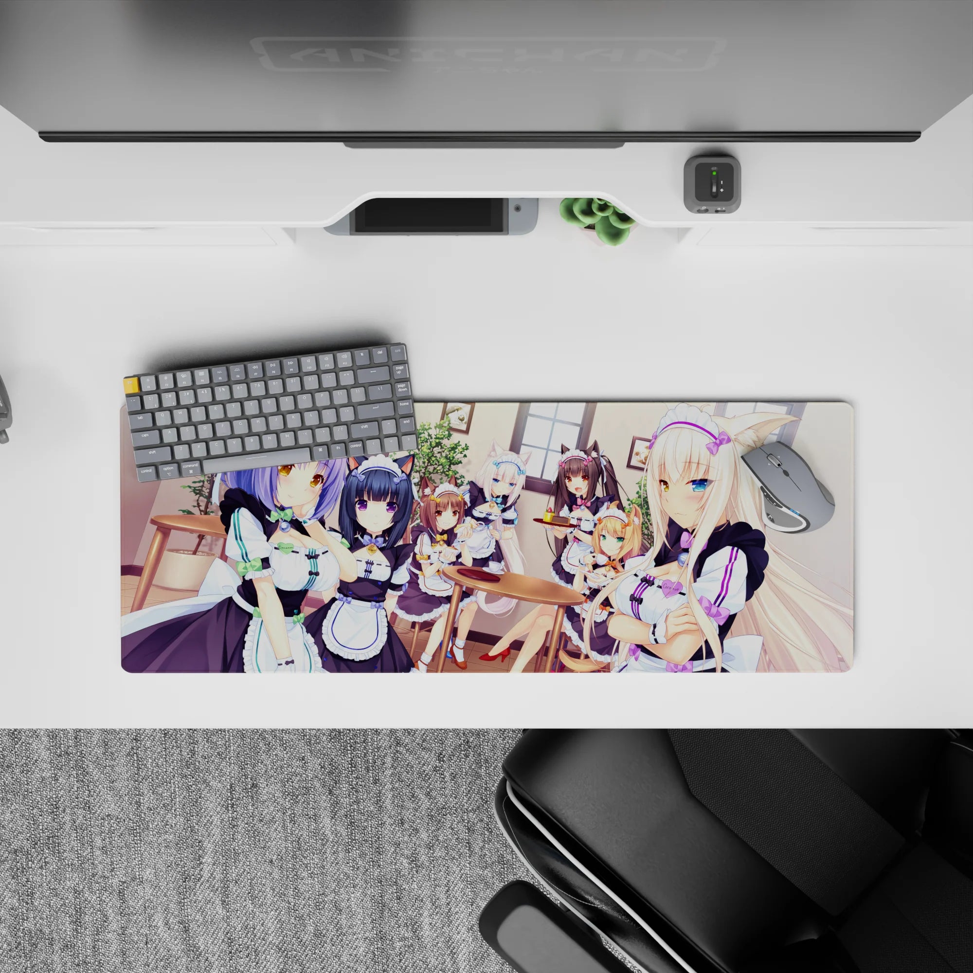 32x12 inches kawaii desk mat in mint and lavender with warm sunny window glow, cute maid catgirls.