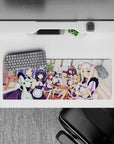32x12 inches kawaii desk mat in mint and lavender with warm sunny window glow, cute maid catgirls.