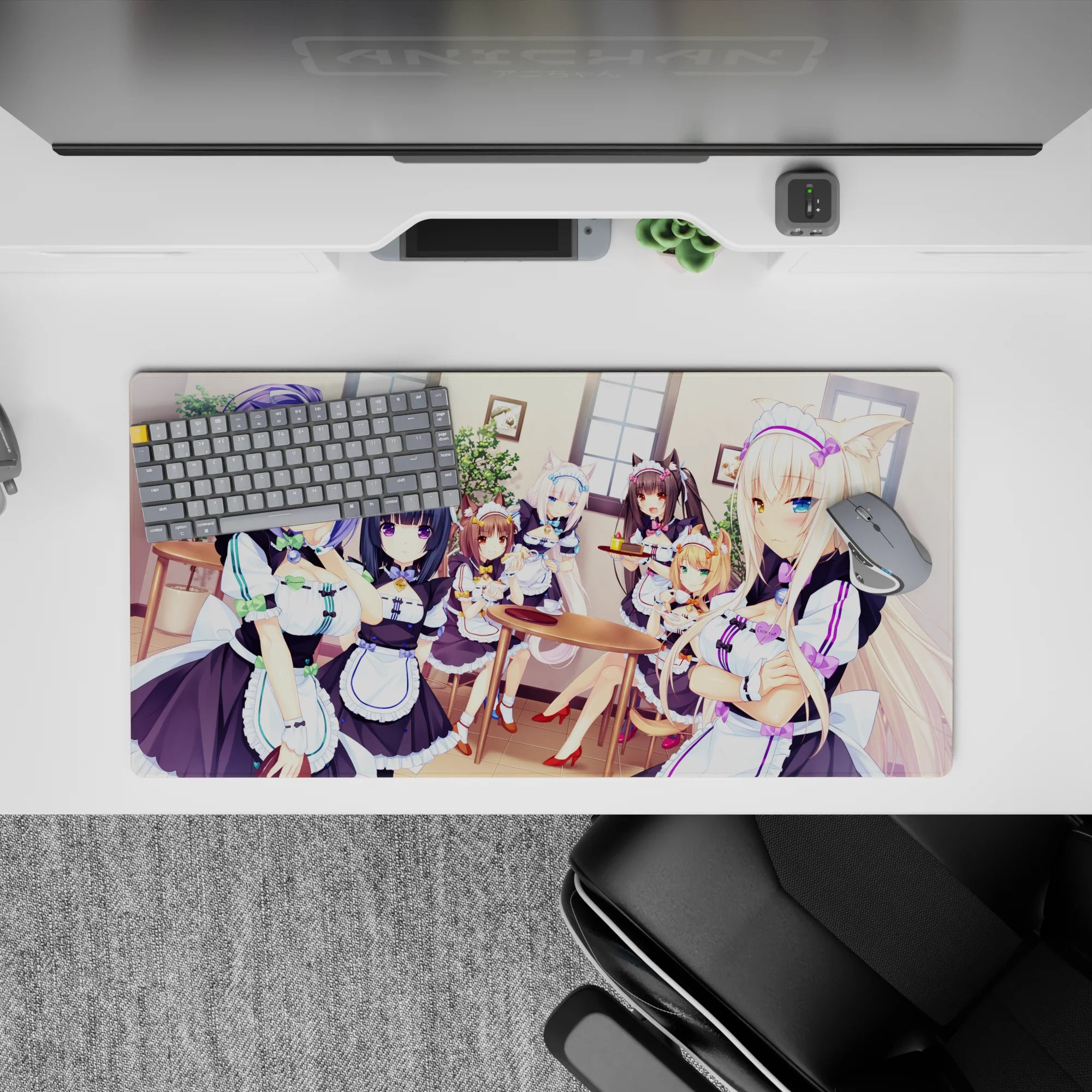 32x16 inches anime girl mouse pad in mint and lavender tones with cozy sunny window glow.