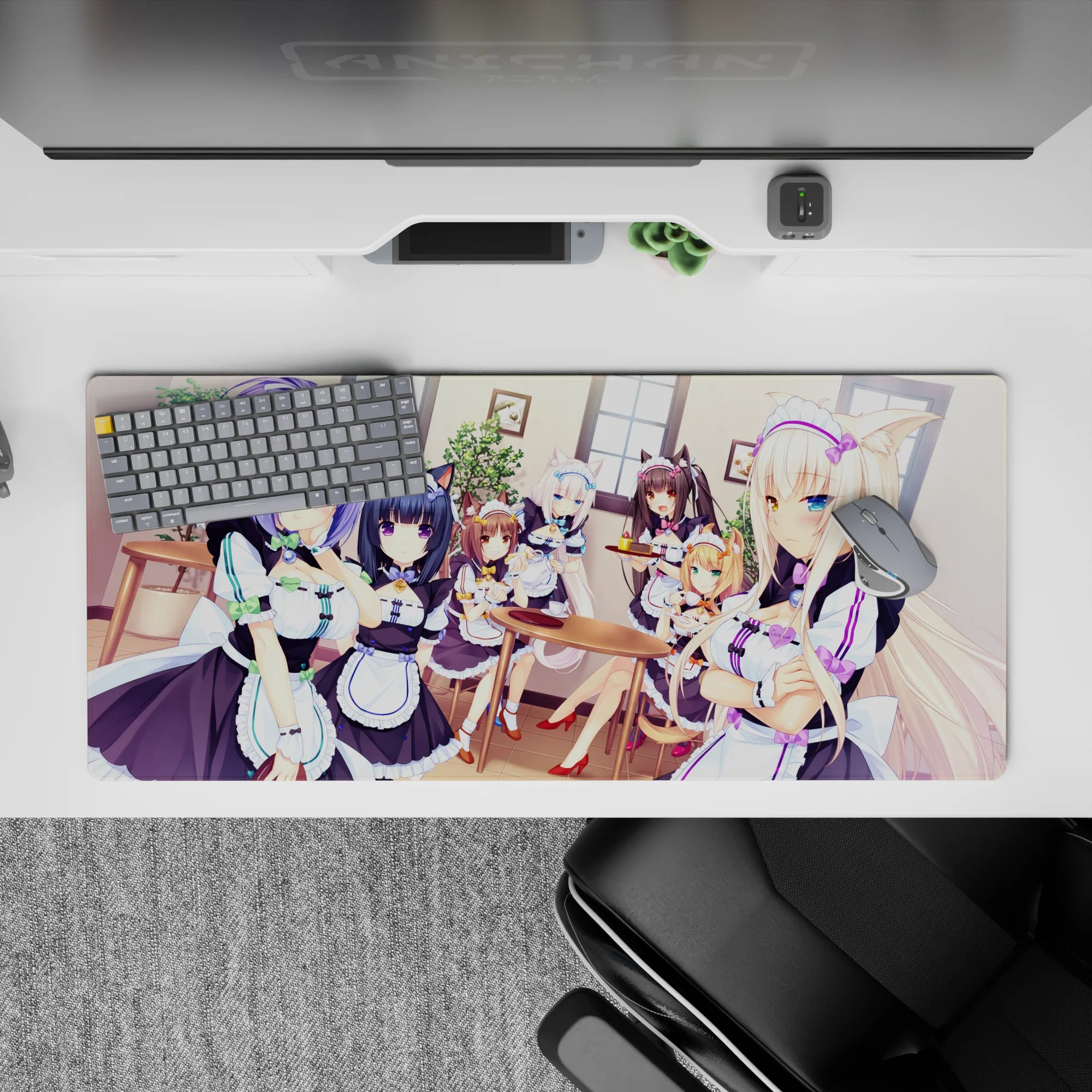 36x16 inches anime maid catgirl desk pad in mint and lavender tones with warm sunny window glow.