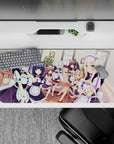 36x16 inches anime maid catgirl desk pad in mint and lavender tones with warm sunny window glow.