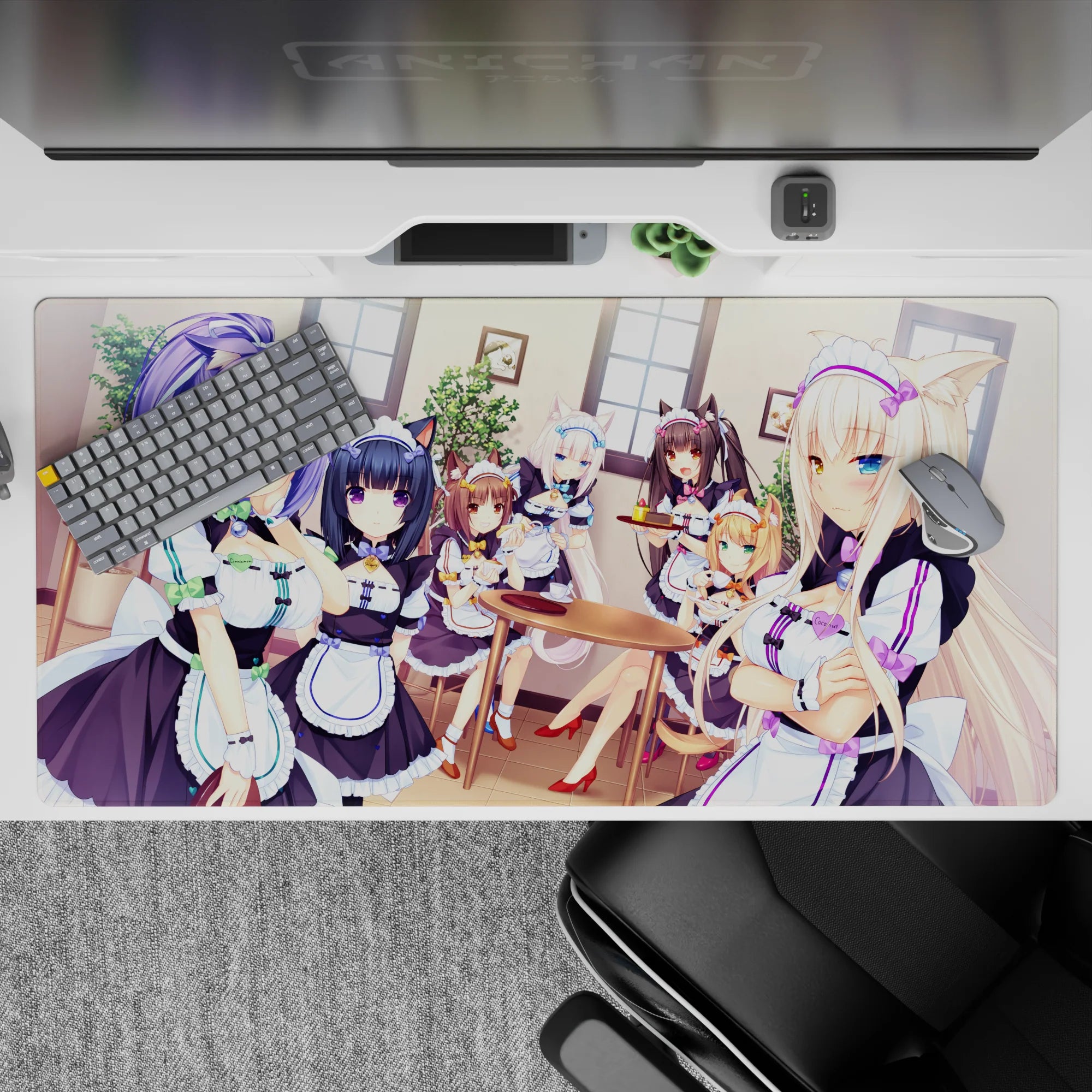 40x20 inches anime girl desk pad in mint and lavender pastels with warm window glow, cozy kawaii vibe.