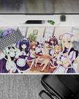 40x20 inches anime girl desk pad in mint and lavender pastels with warm window glow, cozy kawaii vibe.