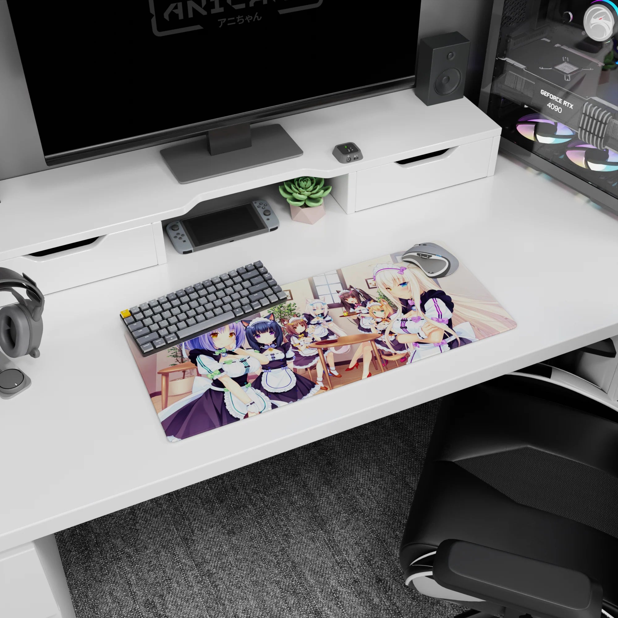 28x12 inches anime mouse pad showing winking maid catgirl serving sweets as her squad lounges by a window.