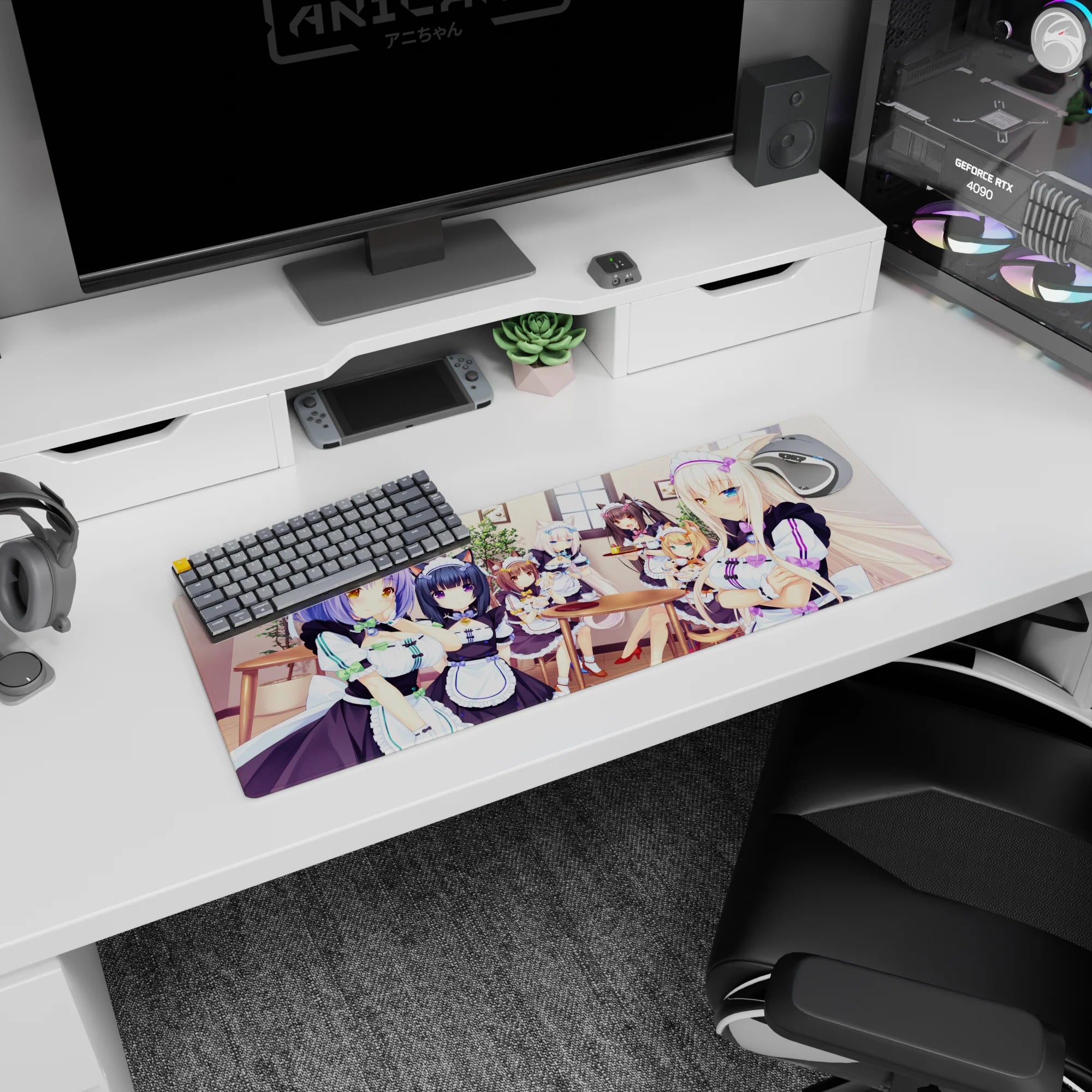 32x12 inches anime mouse pad showing winking and smirking maid catgirls serving sweets at tea time.
