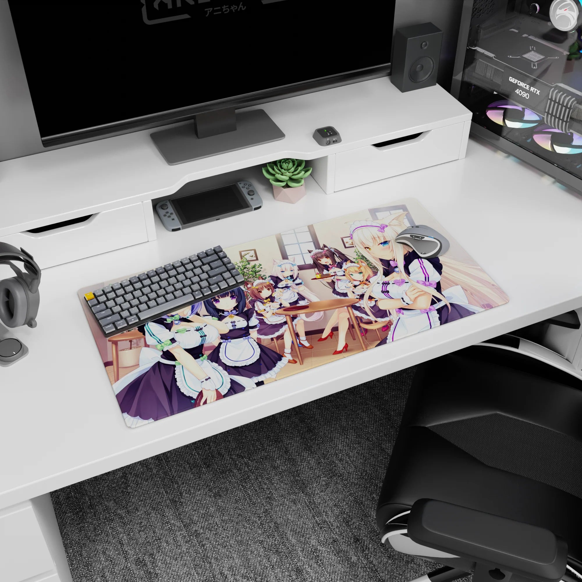 32x16 inches anime girl mouse pad showing a winking maid catgirl serving sweets at tea time.