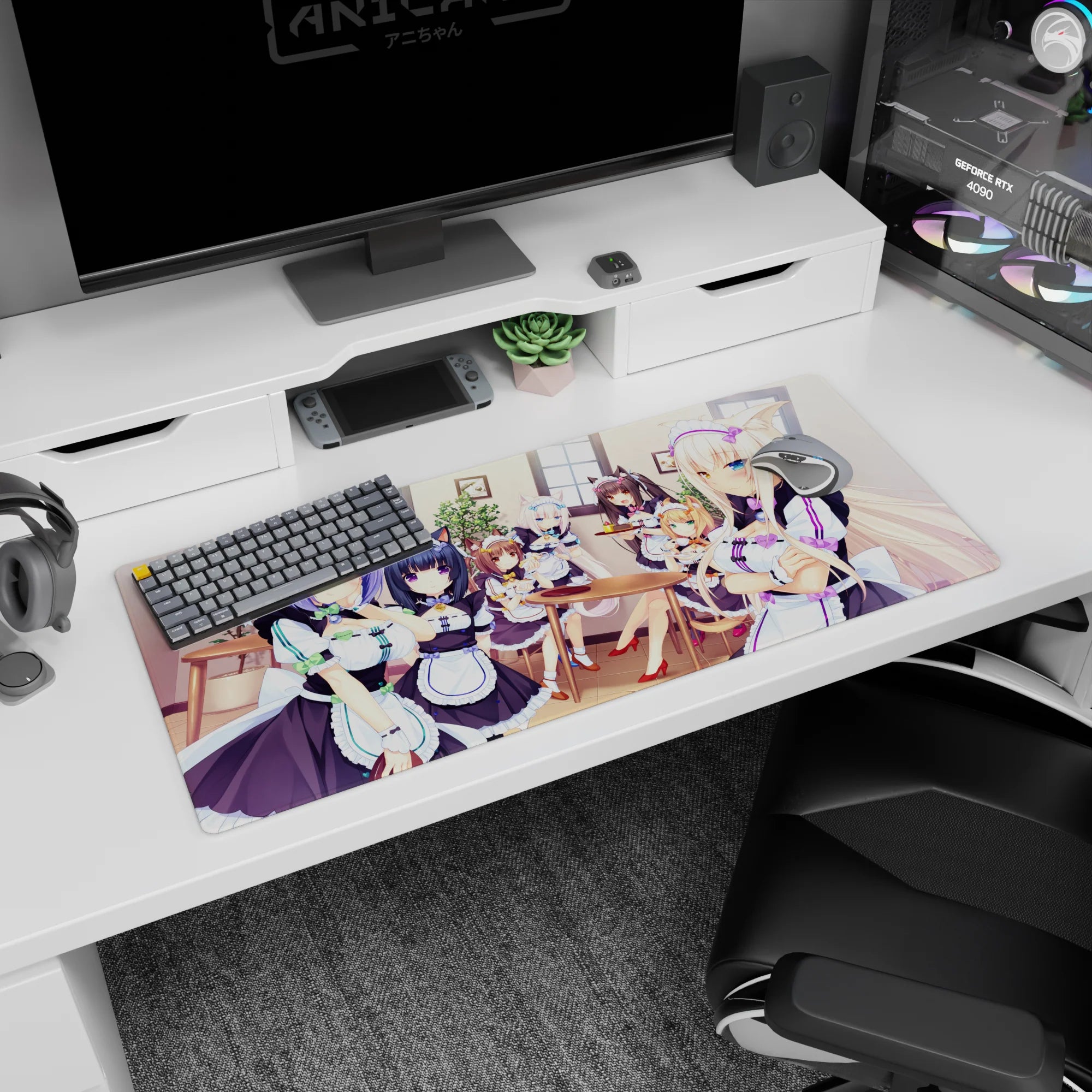 36x16 inches anime girl desk pad showing maid-kitties winking and smirking, serving sweets at tea.