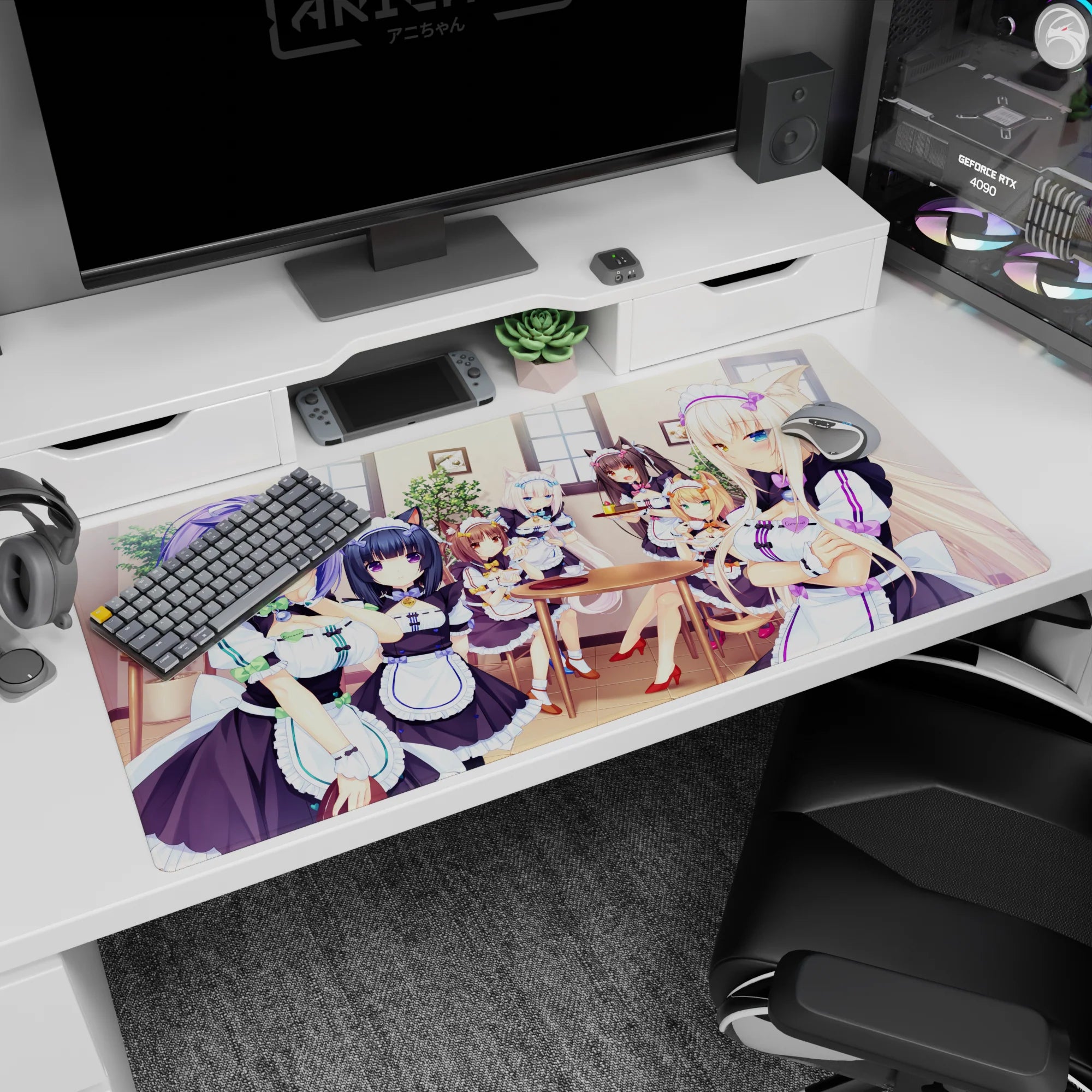 40x20 inches anime girl desk pad showing winking catgirl maid with sweets tray and smirking friend.