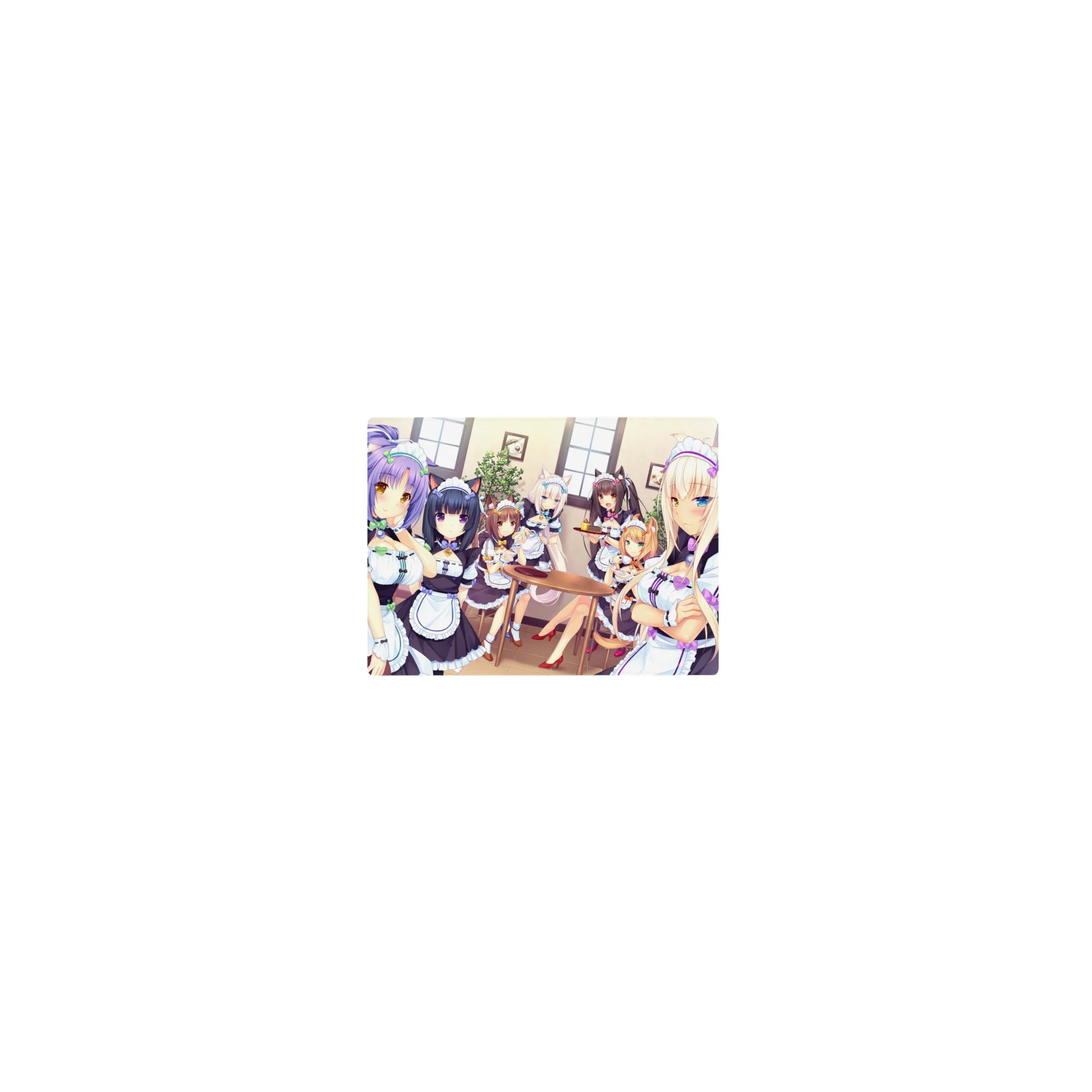 Classic anime girl mouse pad 14x10 inches with cozy catgirl maids in frilly black-and-white café theme.