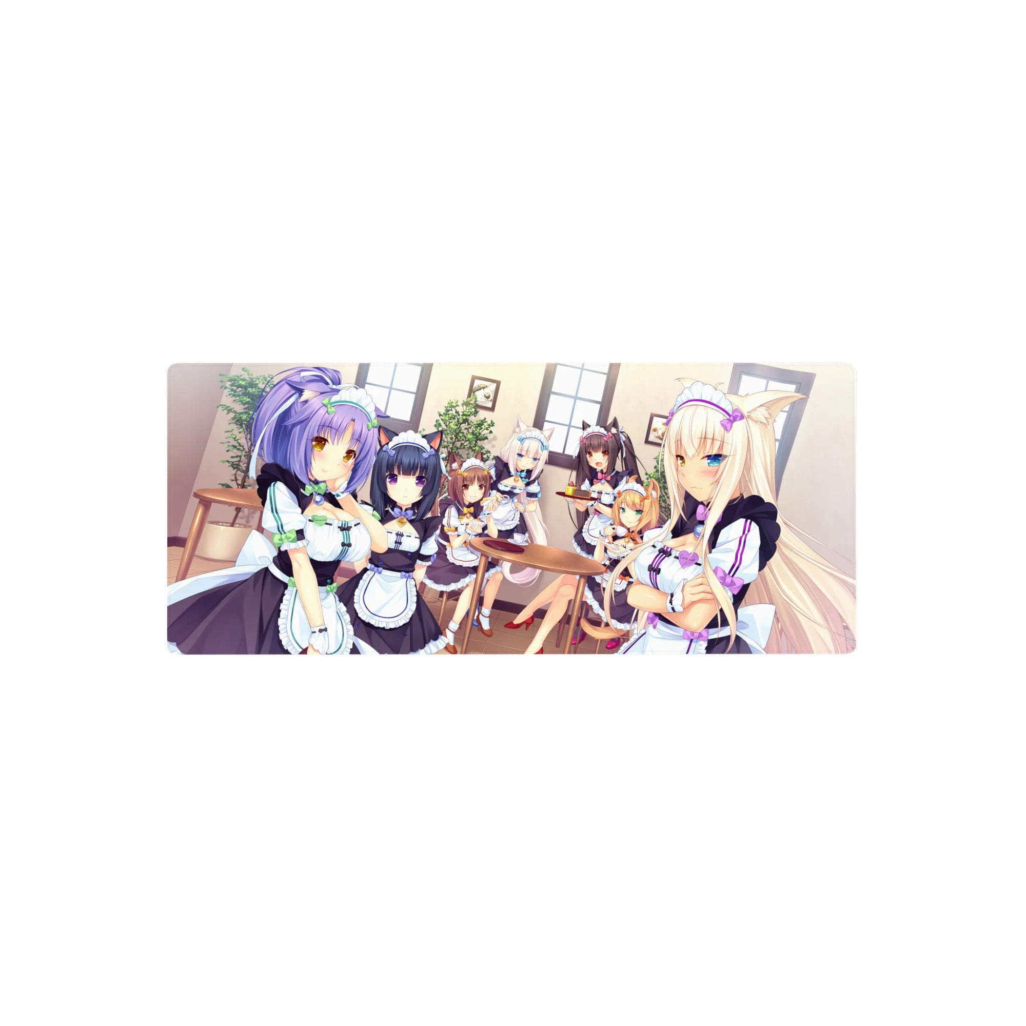 28x12 inches anime girl mouse pad with catgirl maids in black-and-white frills, café tea break scene.