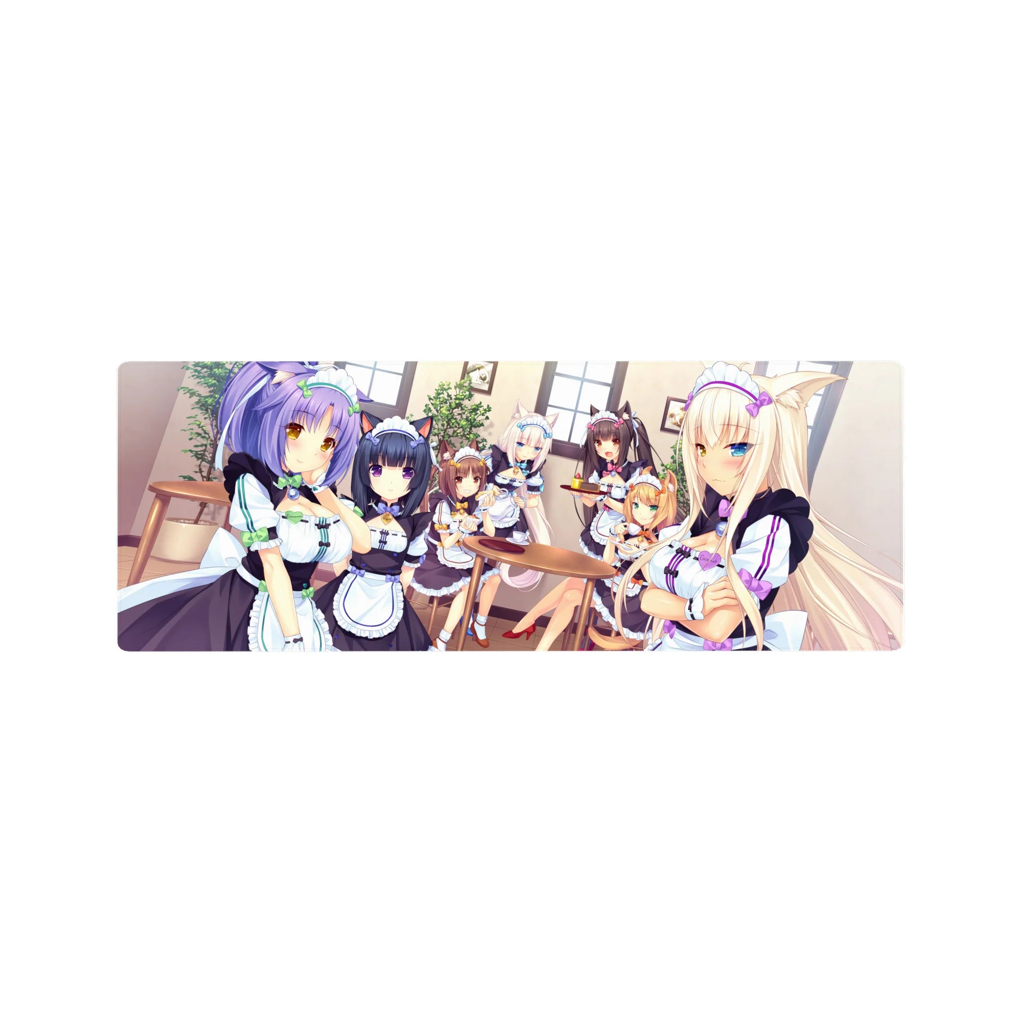 32x12 inches anime girl mouse pad with cozy catgirl café maids in black-and-white frills.