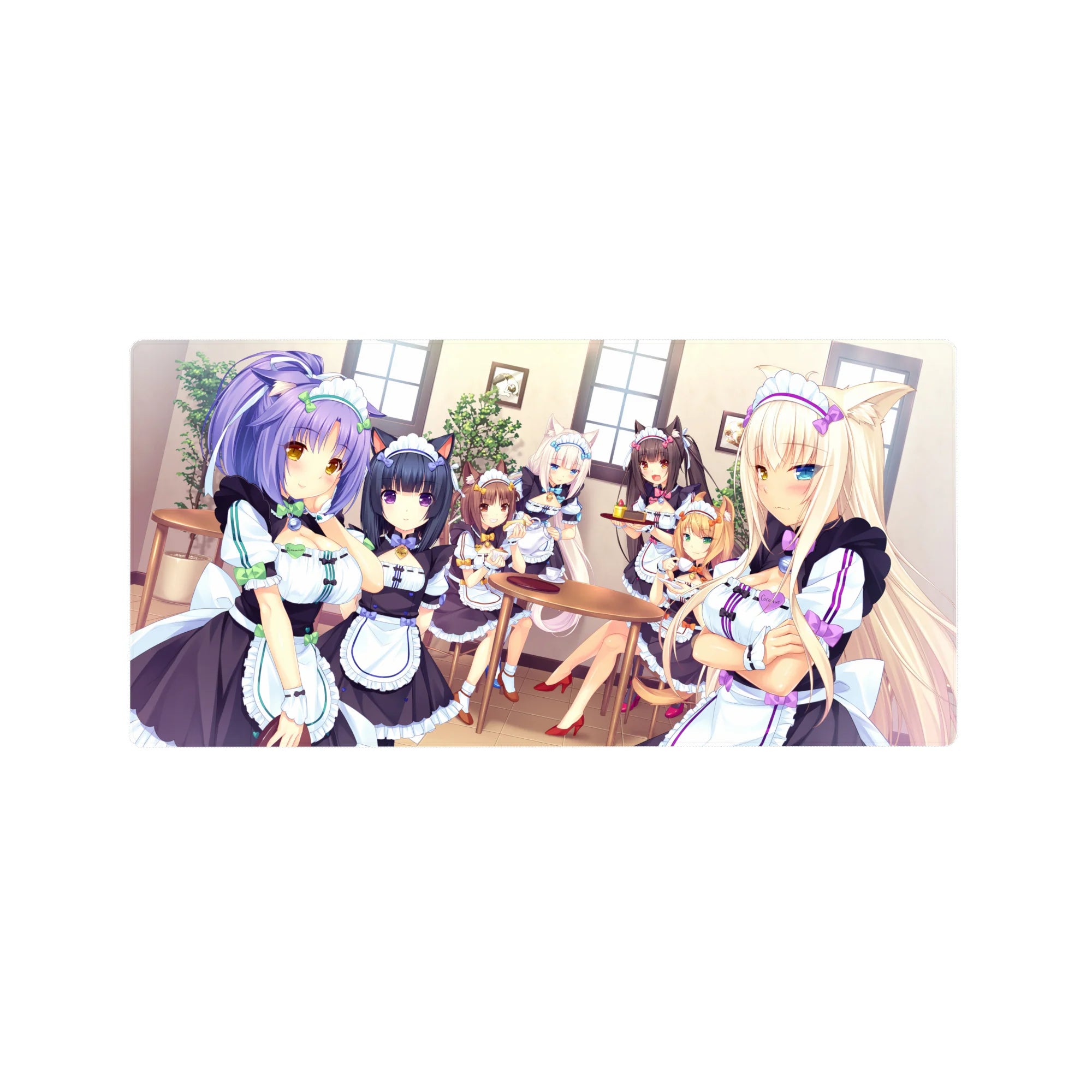 32x16 inches anime girl mouse pad with catgirl maids in frilly black-and-white café artwork.