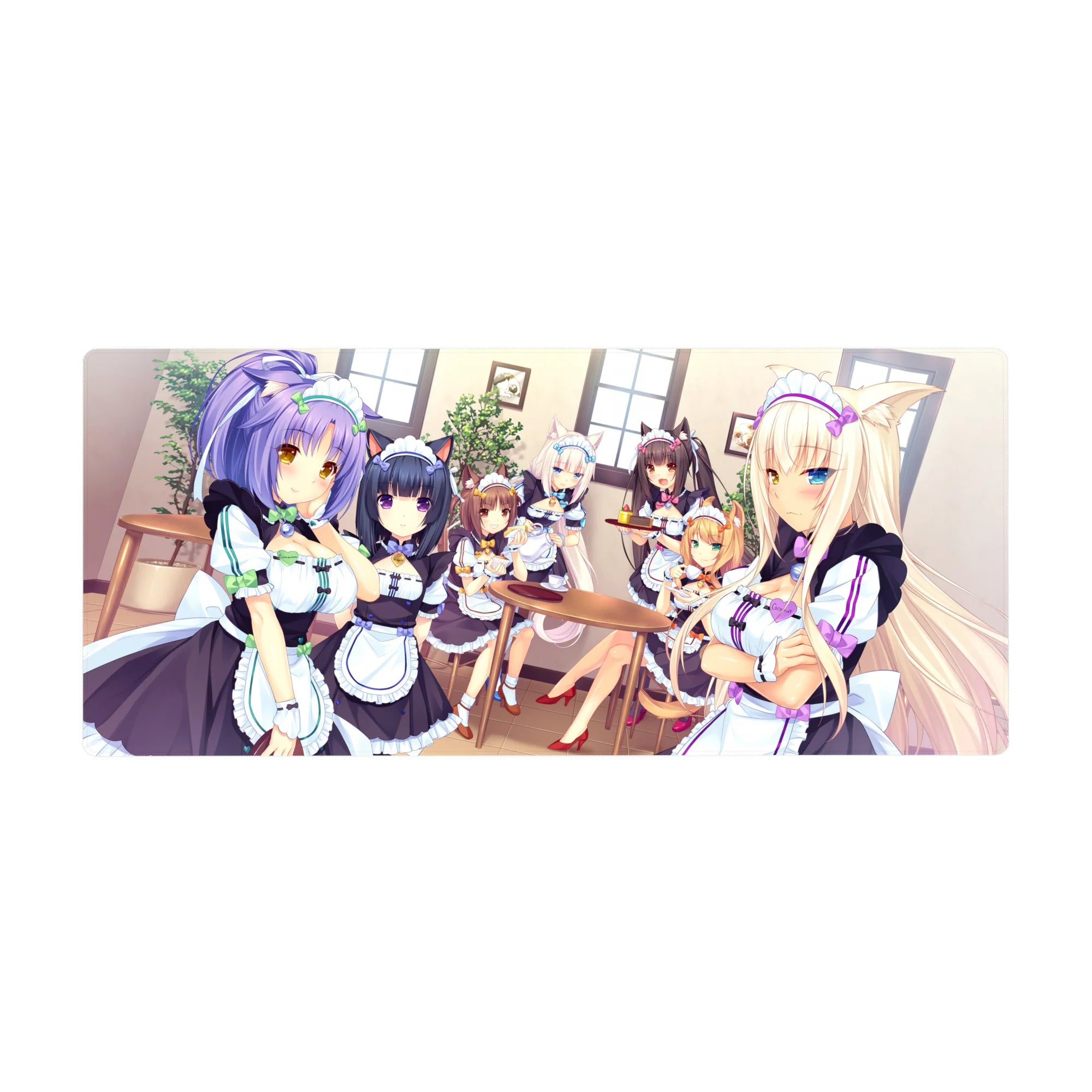 36x16 inches anime girl desk pad with cozy catgirl maids in frilly black-and-white café theme.