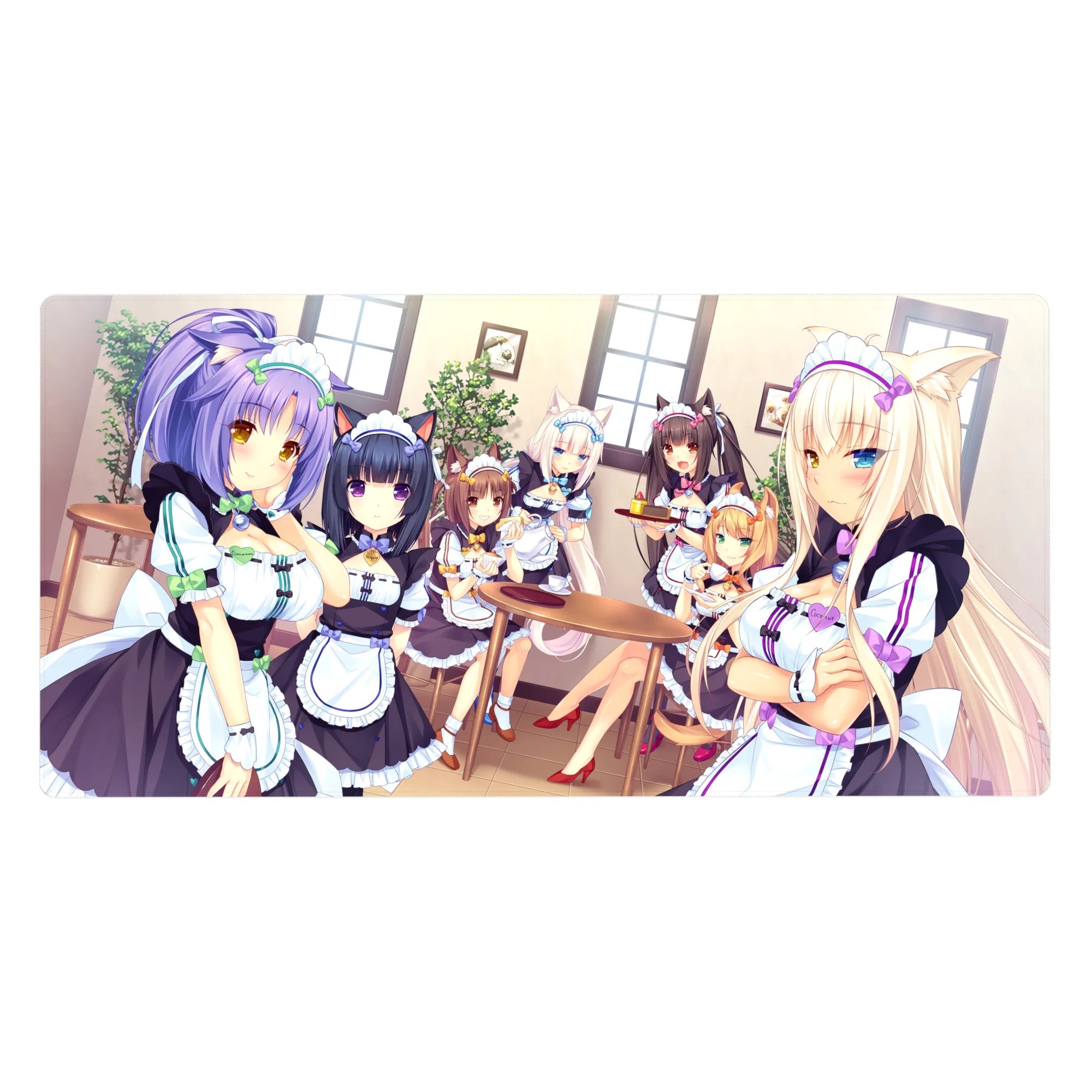 40x20 inches anime girl desk pad with catgirl maids in black-and-white frills, café tea break scene.