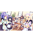 40x20 inches anime girl desk pad with catgirl maids in black-and-white frills, café tea break scene.