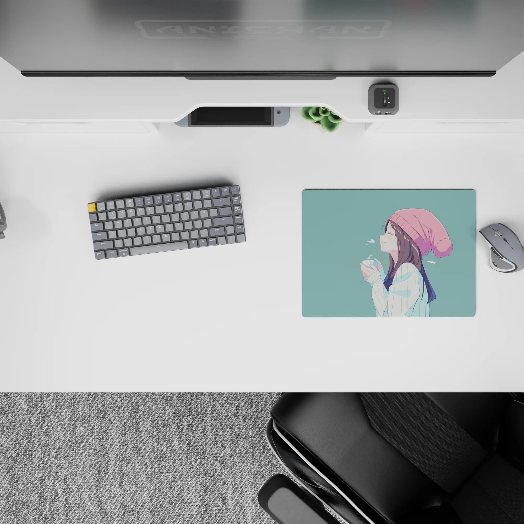 Pastel teal and blush 14x10 inches anime girl mouse pad, cozy winter calm aesthetic with clean lines.