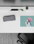 Pastel teal and blush 14x10 inches anime girl mouse pad, cozy winter calm aesthetic with clean lines.