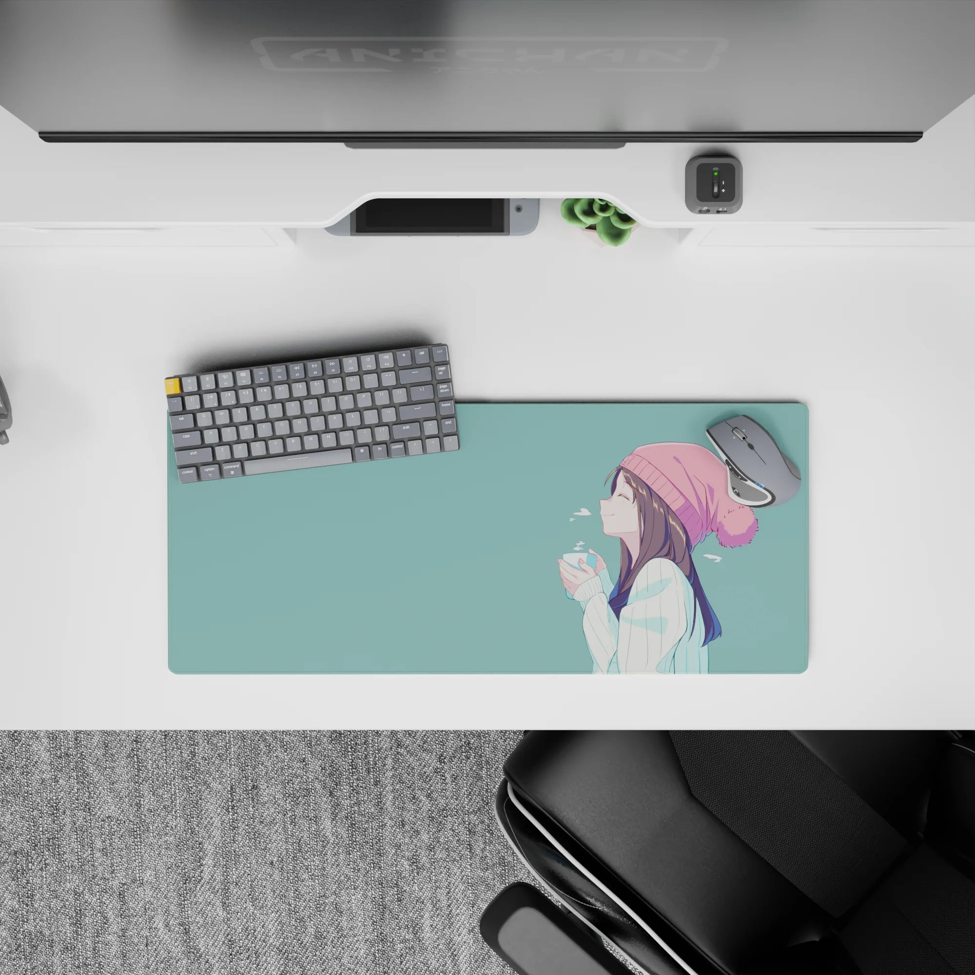 28x12 inches anime girl mouse pad in soft teal and gentle pastels, calm cozy vibe for a stress-free desk.