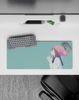 28x12 inches anime girl mouse pad in soft teal and gentle pastels, calm cozy vibe for a stress-free desk.