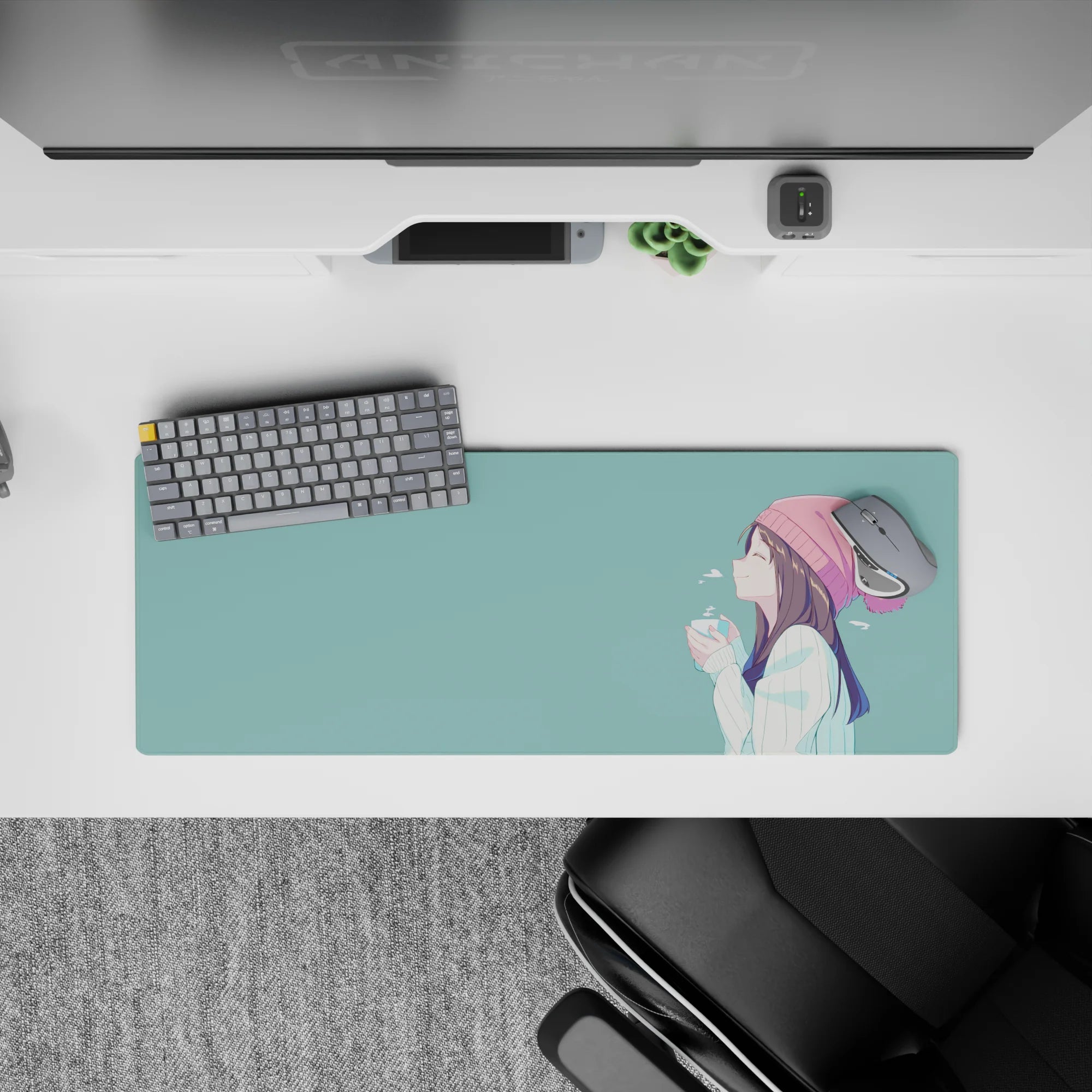 32x12 inches pastel teal and blush anime mouse pad, calm cozy winter vibe, gentle smile, soft comfort.